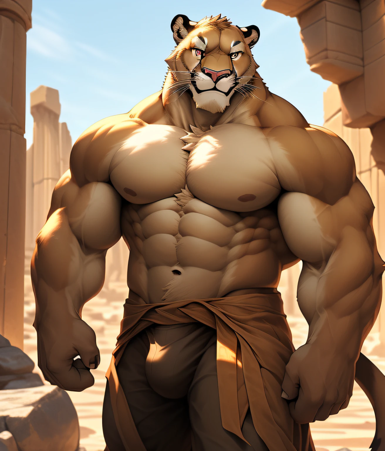 nj5furry, (a cougar, Shirt, ripped muscles, Topless)), Cream brown fur, ((full body)) male, kemono, ((Extremely realistic shadows, Masterpiece, extremely detailed, photorealistic), ((a cougar), strong, mature male, bodybuilding posture, carefree expression, mischievous smile, detailed face, handsome, huge, muscular and massive body, bulge pectorals, muscular abs, narrow waist, cream brown fur, (short hair), red nose, red eyes, brown Jedi-style baggy pants dark, medium crotch bulge, Ruins of a Jedi temple with ancient stone statues in a rocky desert with an oasis in the distance. Jedi open tunic, yellow luminous blade lightsaber.