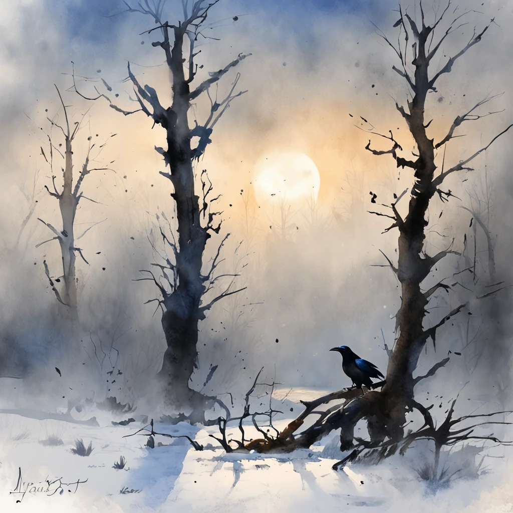Two crows on a dead tree, Shadow in the shape of a walker, The Starry Night, Thick fog on the ground, Blue light on the horizon, Unreal Engine 5, Cinematic, Low-angle photography, Motion blur, Depth of field, Dust, Cobblestones and mud. headband, dripping paint. Perfect color correction. Influenced by Karel Appel and Jeremy Mann, Full of dramatic and menacing scenes, hyper-detailed, Beautiful, Crazy details, intricate details, editorial photograph, Shot with a 50mm lens, Depth of field, Tilt Blur, Shutter speed 1/1000, f/22. Light Maps, Super Bright
