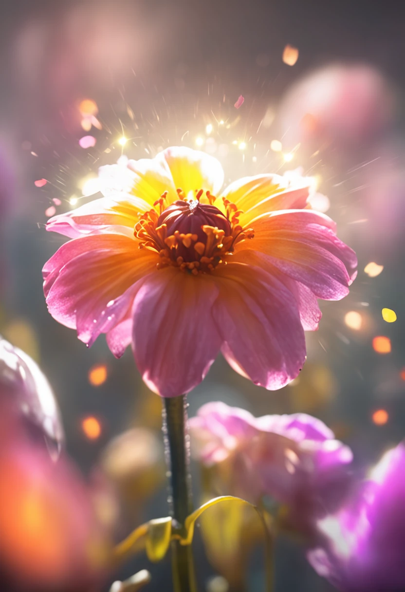 Hyper-realistic flower, springtime, Transparent, sparkling, sparkling, Shining, coloration, magical photography, The lighting is dramatic, photo realism, overdetalization, 4k, Depth of field, hight resolution