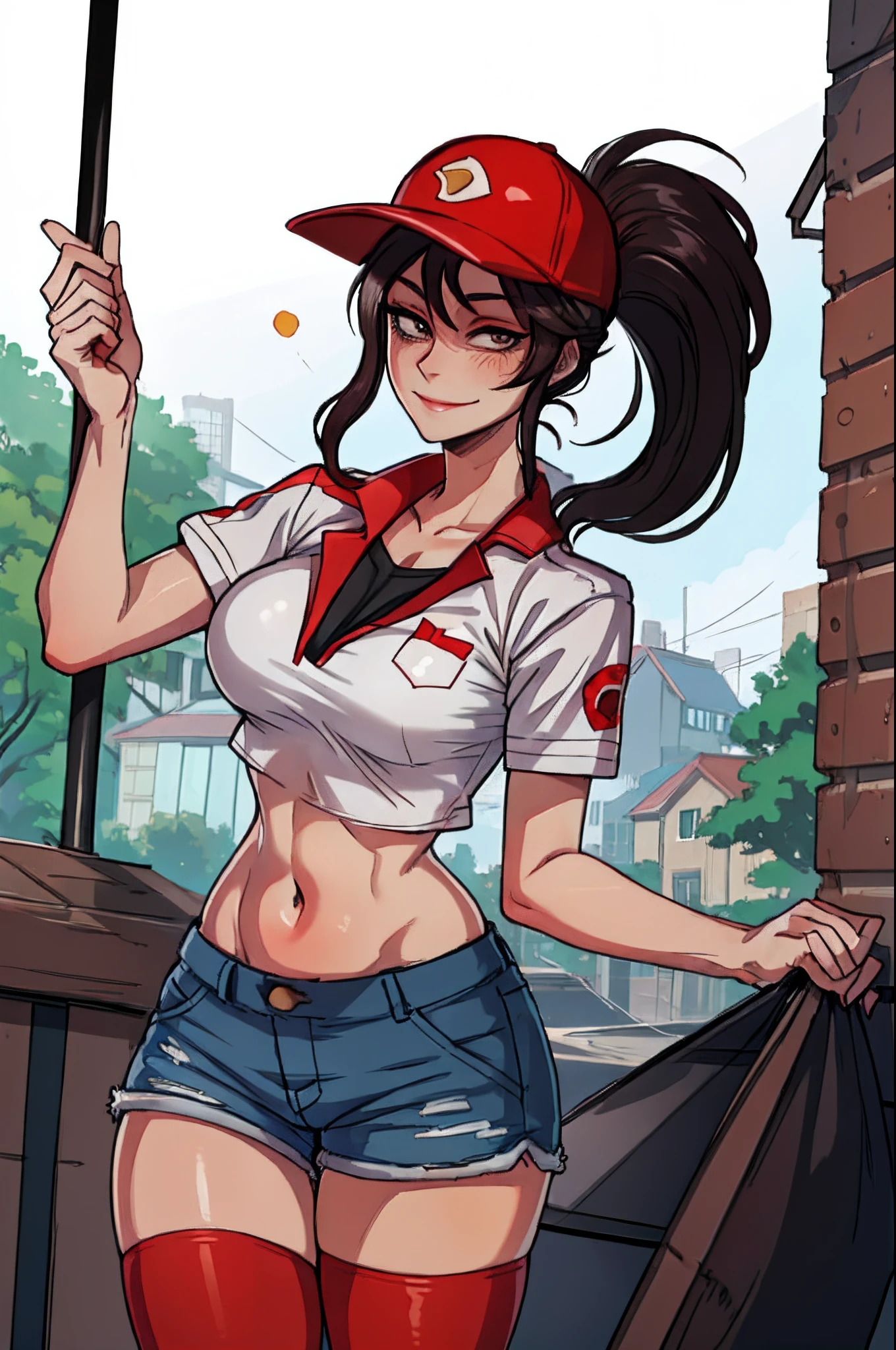 masterpiece, best quality, pdsivir, pizza embroidered baseball cap, ponytail, white crop top, short shorts, red thighhighs, large breasts, looking at viewer, smile, standing, outside house, street, lawn, portrait, close up to face, detailed