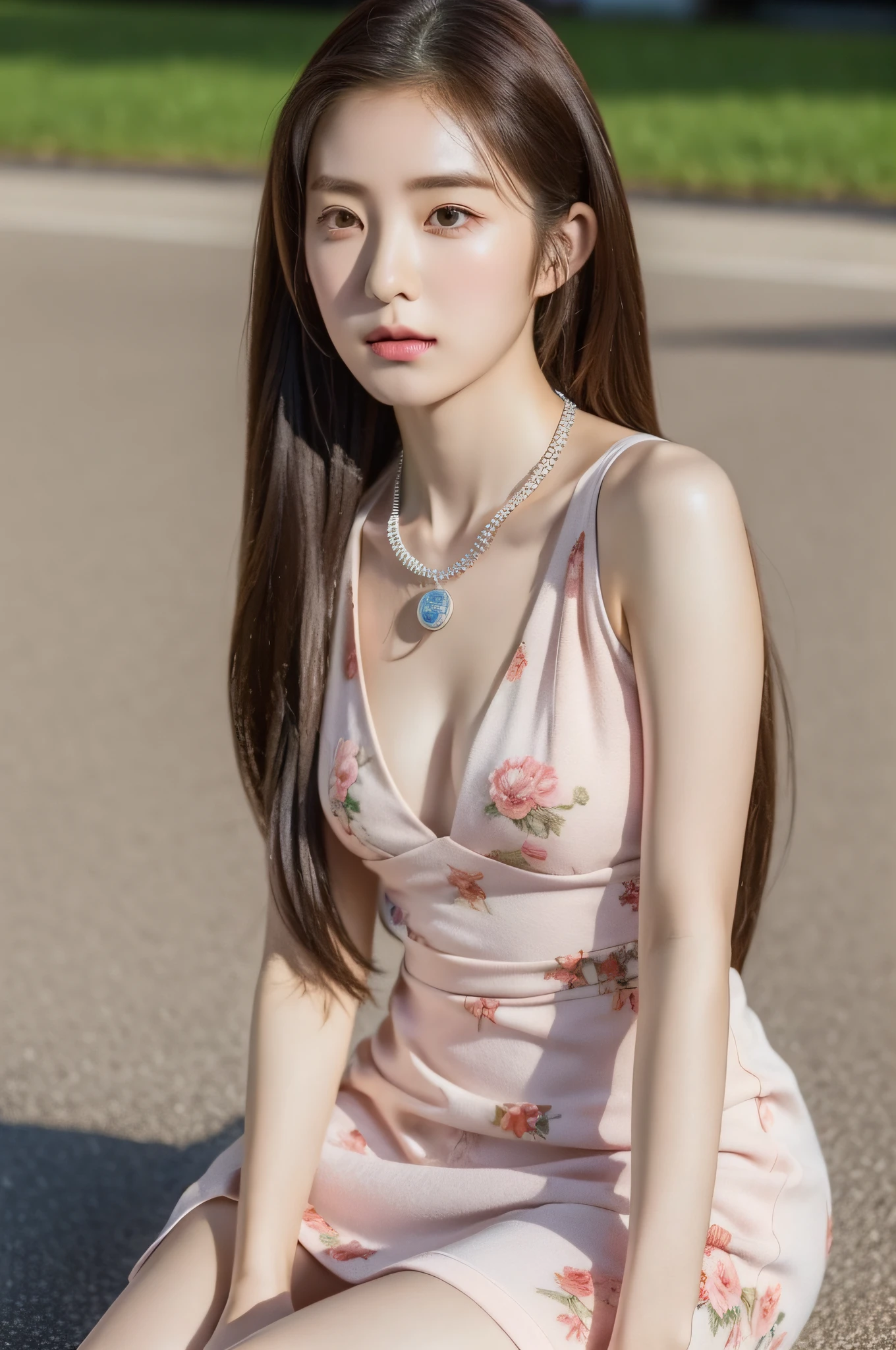 (top-quality、8K、​masterpiece、nffsw:1.2)、1girl、simple background、A Japanese Lady、in her 20s、Sitting with both legs together and facing directly to the side、profile、Slender figure、Brown hair color、poneyTail、Your gaze is on the ground、Side、a necklace、Floral dress、Less exposed skin、sandal、wide-angle lens、Extremely detailed、A hyper-realistic、Photorealsitic、Clothes are not see-through、Looking at the ground、Facing down、