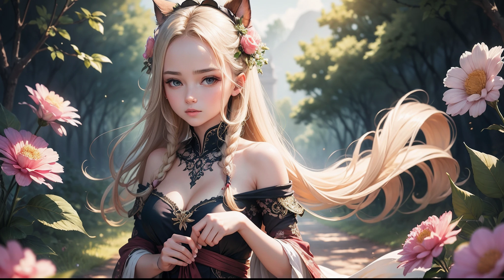 Fairy woman with green eyes and cat ears, straight and brown ombré blonde hair, long fairy dress, un petit chat (animal) dans les bras, couronnes de fleur, green and magical settings , sunny, fleuries
