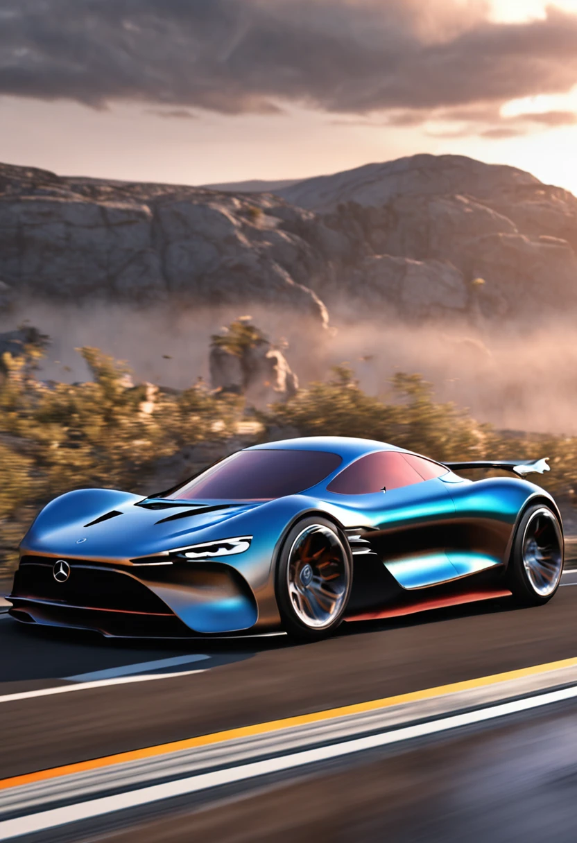 mercedes mclaren coupe r1 sport car concept beautiful sculptural, unreal engine, sunset, shanghai, hiperrealistic, cinematic, metaverse --uplight