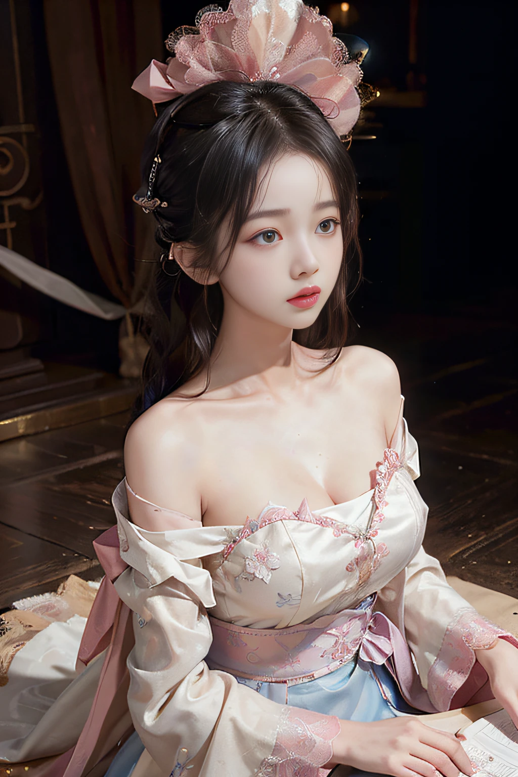 8k, RAW Photo, Best Quality, Masterpiece: 1.2), (Realistic, Photo Realistic: 1.4), {{{1girl}}},, Depth of Field, Full Body, Cinematic Lighting, princess 8 yeald old cute, (huge boobs，cleavage), Beautiful Facial Features, Beautiful Body, Sweating, , Depth of Field, Skin, Ears, Pale Skin, Best Quality, Masterpiece, Illustration, an extremely deciple and beautiful, extremely detailed,CG,unity,8k wallpaper,amazing,finely detail,master,best quality,official art,extremely detailed CG unity 8k wallpaper,ridiculous,incredibly ridiculous,huge file size, super verbose, high resolution, very verbose, Beautiful detailed girl, very detailed eyes and face, beautiful detailed eyes, light on face, (Hanfu: 1.1), lace silk thin, petticoat,  white pink, blue