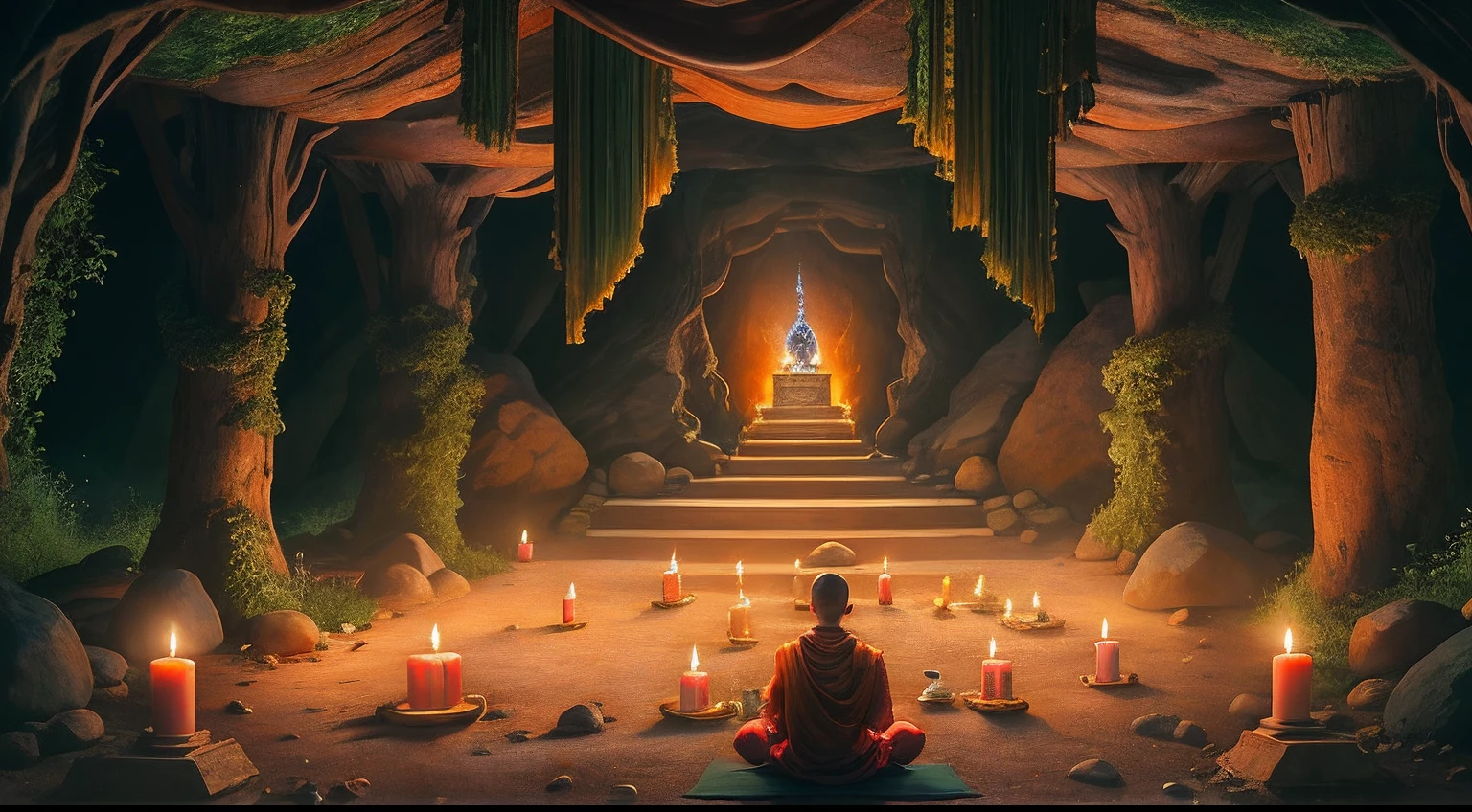 A person sits in a cave,Candles are lit, The Hindu phase of meditation, monk meditation, Meditating, a mystical temple, prayer meditation, Buddhist monk meditation, glowing temple in distance, floating in a powerful zen state, Buddhism, Meditation, Buddhist, in a cave with the waterfall, A mystical environment, underground temple, mysterious temple setting,