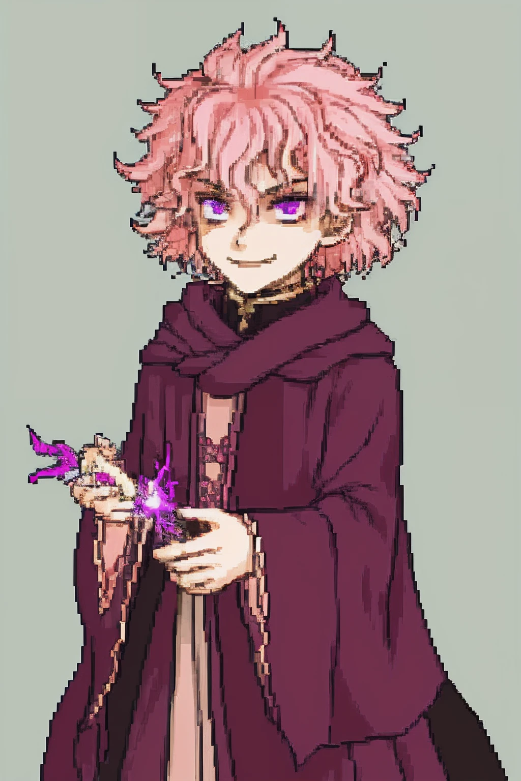 quarterbody, no frames, destatured sprite, vanilla fire emblem, A young boy with vibrant pink, curly hair and striking purple eyes. His appearance is both captivating and unsettling, as his disheveled appearance hints at his deranged nature. Dressed in dark, tattered robes, he exudes an aura of mysterious power, hinting at his proficiency in pyromanic magic. His twisted smile and intense gaze give a glimpse into the chaos that lies within him, making him a truly enigmatic character., Child, young boy, shota