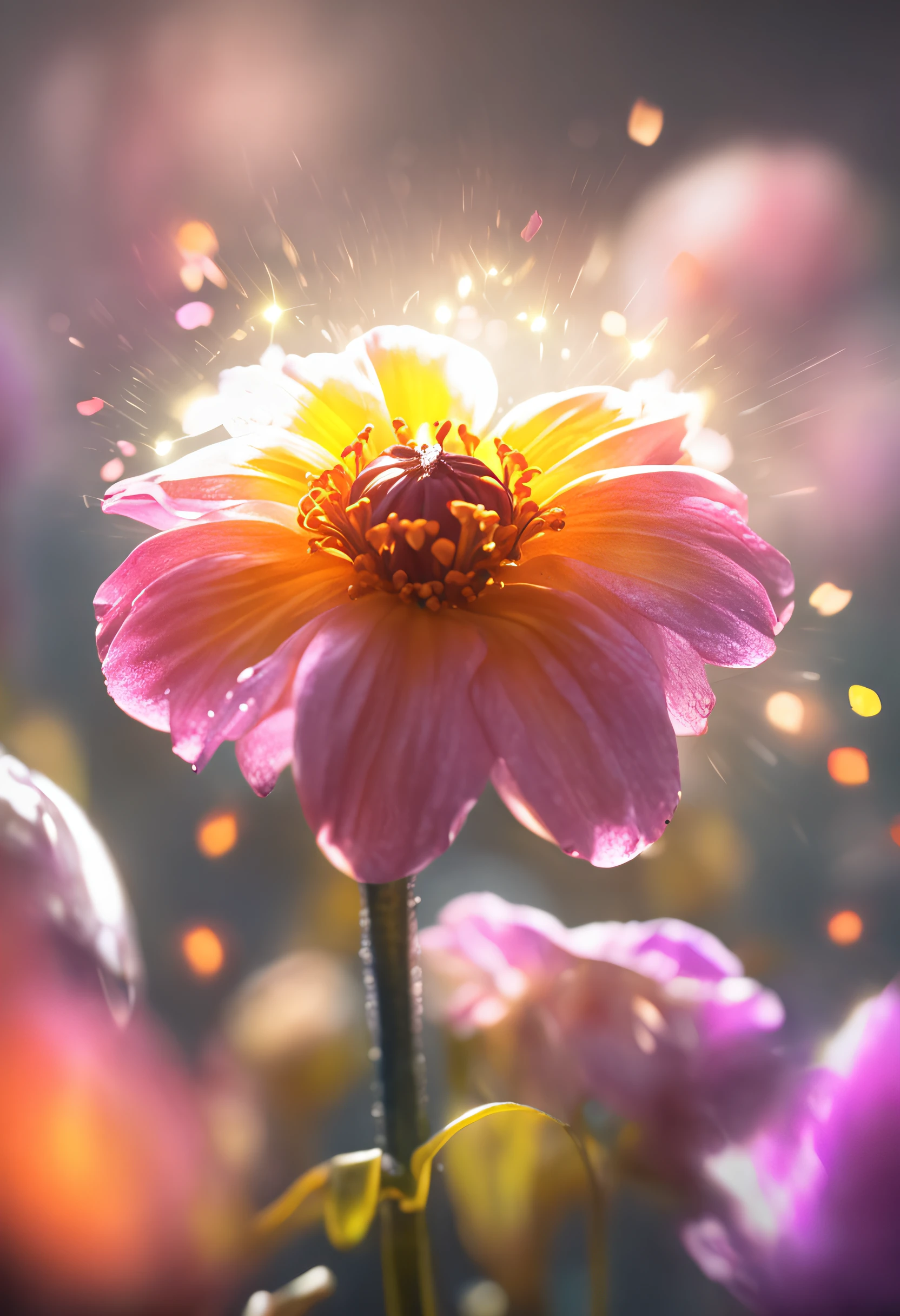 Hyper-realistic flower, springtime, Transparent, sparkling, sparkling, Shining, coloration, magical photography, The lighting is dramatic, photo realism, overdetalization, 4k, Depth of field, hight resolution