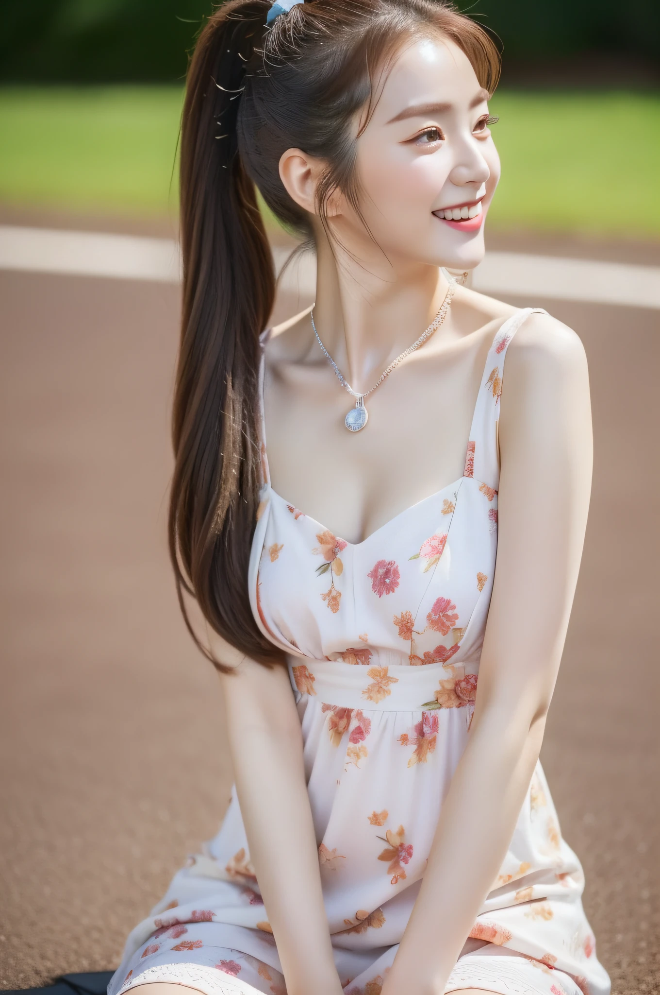 (top-quality、8K、masterpiece、nffsw:1.2)、1girl、simple background、A Japanese Lady、in her 20s、Sitting with both legs together and facing directly to the side、profile、Slender figure、Brown hair color、poneyTail、Your gaze is on the ground、Side、a necklace、Floral dress、Less exposed skin、sandal、wide-angle lens、Extremely detailed、A hyper-realistic、Photorealsitic、Clothes are not see-through、Looking at the ground、Facing down、Just laugh a little