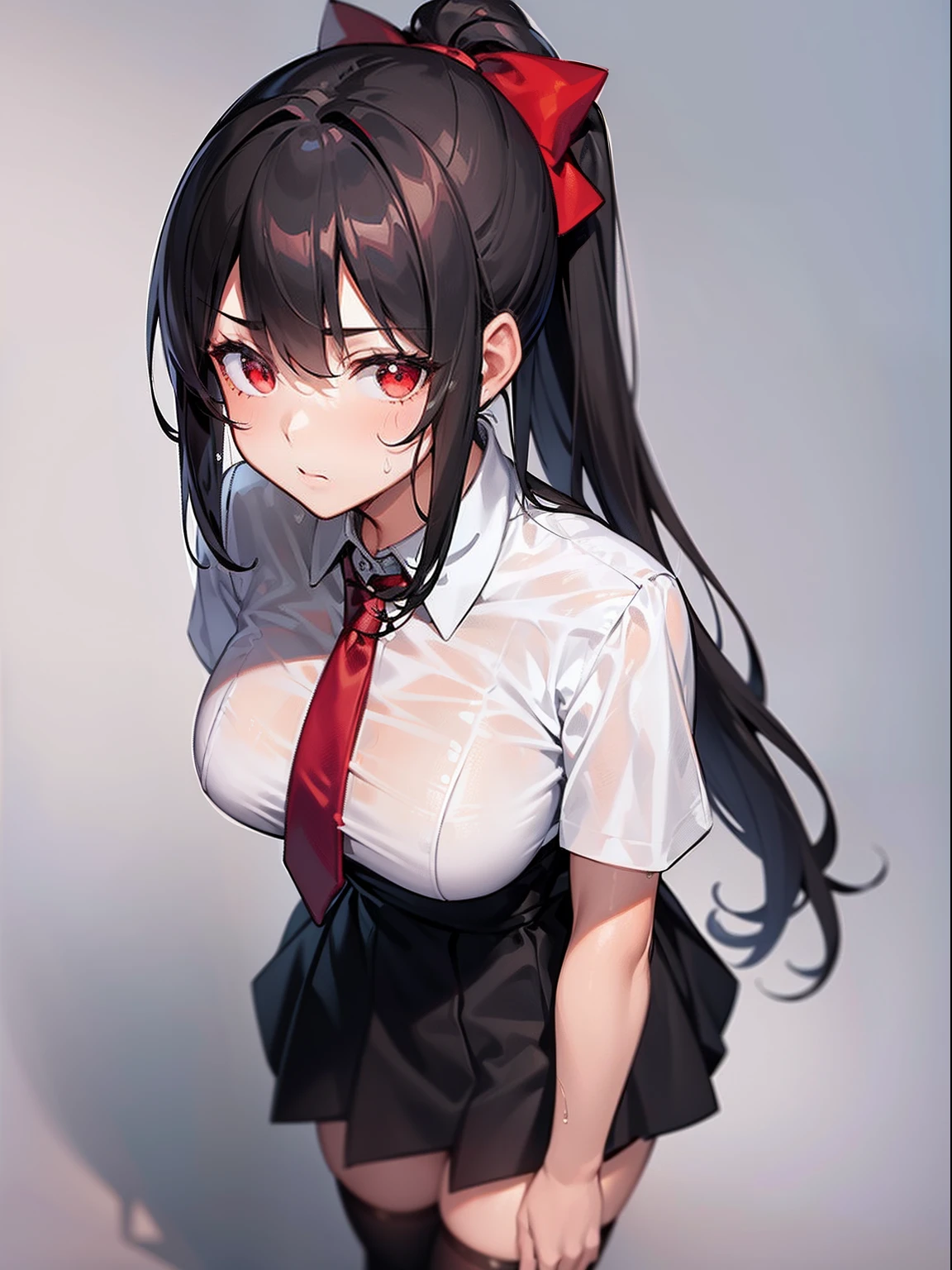 ((Masterpiece)), (((Best quality))), ((Ultra-detailed)), ((illustration)),1girll,Solo,Black hair,High ponytail,White shirt,red necktie,Black skirt,standing,Red eyes,Rained,Sweat,upperbody closeup,stare,Bow knot,Hand crossed waist,black long socks,slenderness