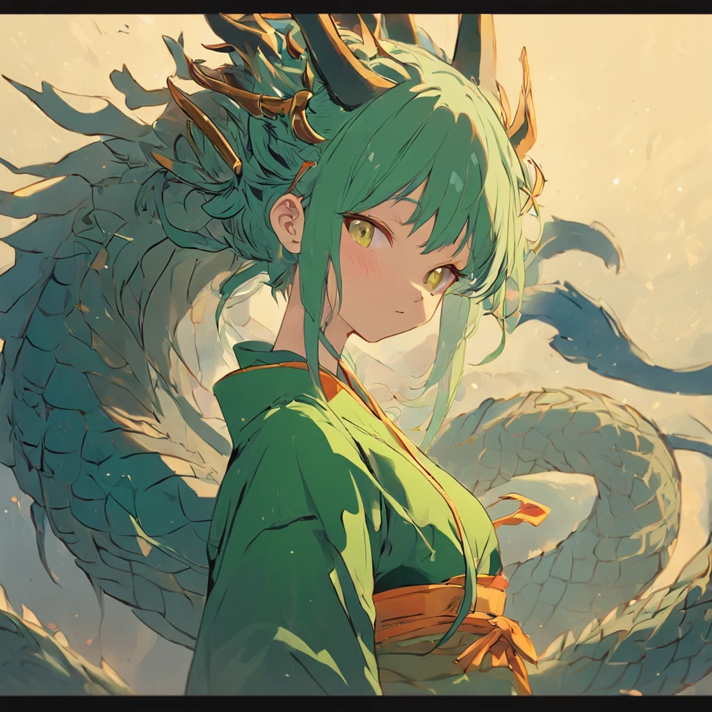 A female goddess with a dragon in the back the main color is green a very beautiful navy blue and 20years old antique clothes