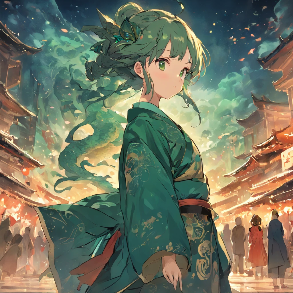 A female goddess with a dragon in the back the main color is green a very beautiful navy blue and 20years old antique clothes