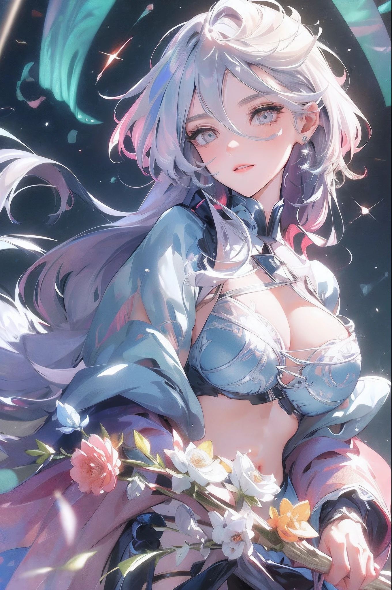 high high quality,Delicate facial features,Delicate hair,(( big breasts:1.2)), silver long hair,Delicate eyes,Girl's eye details,Long eyelashes,gem-like eyes,Crystal texture,Glazed texture,Onyx texture,Bright,glitters,high light,Gradient,Iris gradient,beautiful pupil,There are rivers of stars in the eyes,Highly detailed,high-definition picture quality,Bright colors,Depth of field effect,Star background,8K high quality detailed art(Delicate facial portrayal)(Fine hair depiction)(highest quality)(Master masterpieces)(High degree of completion)(a sense of atmosphere)8k wallpaper,masterpiece,Best quality at best,ultra - detailed, portrait upto abs, focus on breast, intricate red armor uniform , modestly clothed, blushing, smiling, mature woman