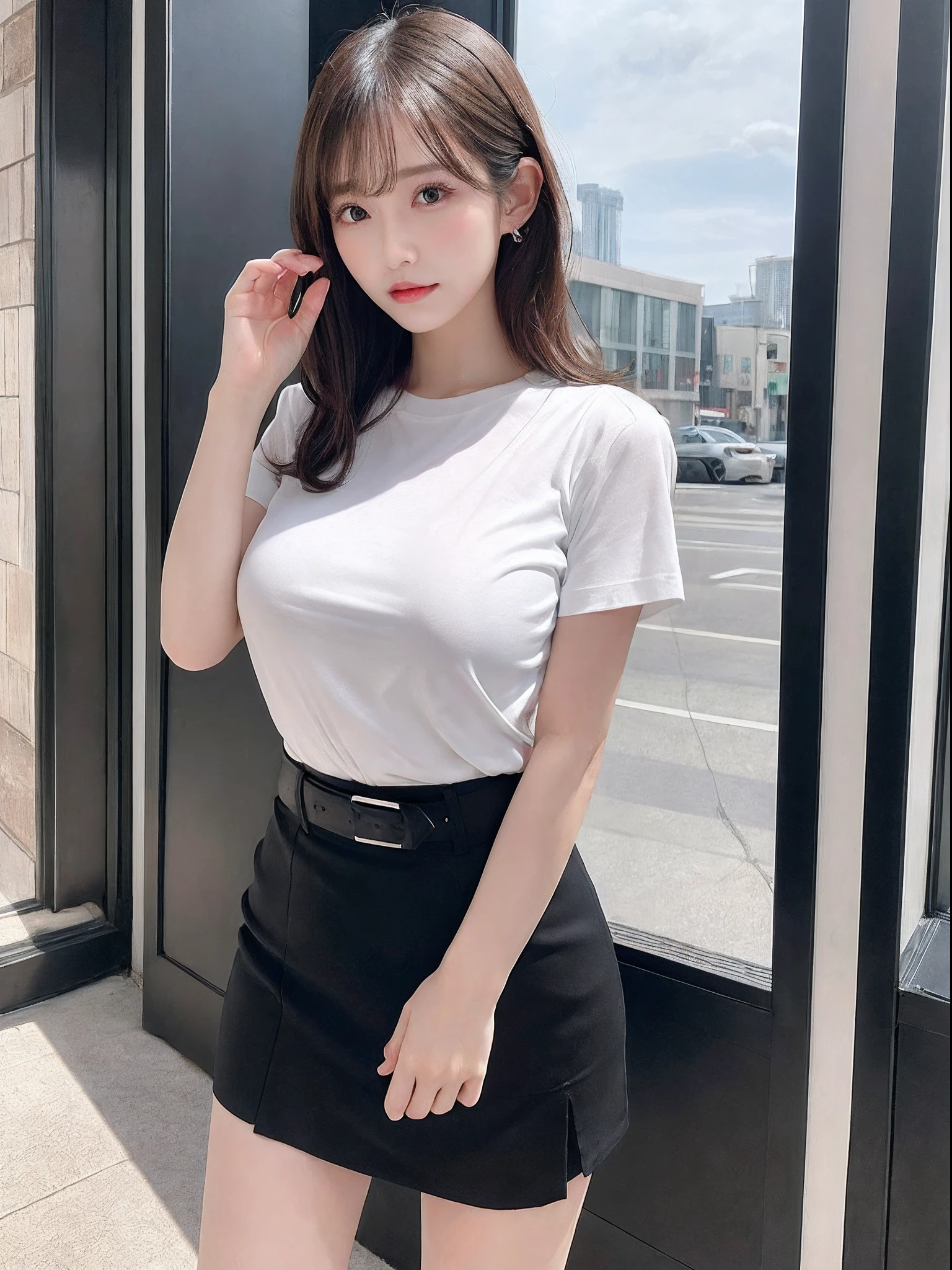 1girl in, NSFW, Spread legs, (Best Quality, High resolution, masutepiece :1.3), A tall and pretty woman, Slender Abs, sexy pose, (((Black miniskirt)))), Dark brown hair styled in loose waves, Large breasts, (Standing), ((Erect nipples)), cleavage of the breast, wearing pendant, (((Tight white t-shirt))), Belt bag, (Modern architecture in background), Details exquisitely rendered in the face and skin texture, Pozi style clothing, formalwear, Business Wear, business skirt, business skirt, delicate skirt, luxurious skirt, thin waist, Beautiful Korean Woman, Detailed eyes, 二重まぶた