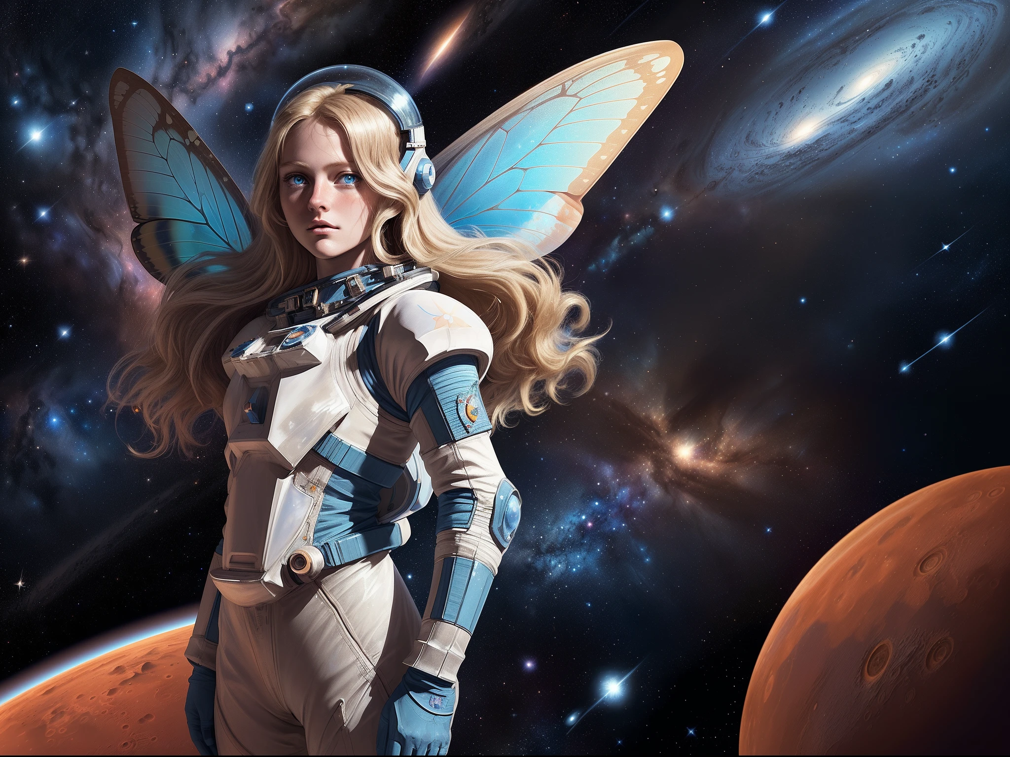 there is an illustration of a fairy astronaut standing on Mars looking into space seeing the vast of stars and space, head shot, blond hair, long hair, blue eyes, ultra detailed face, butterfly wings, space and stars as background, sense of infinity