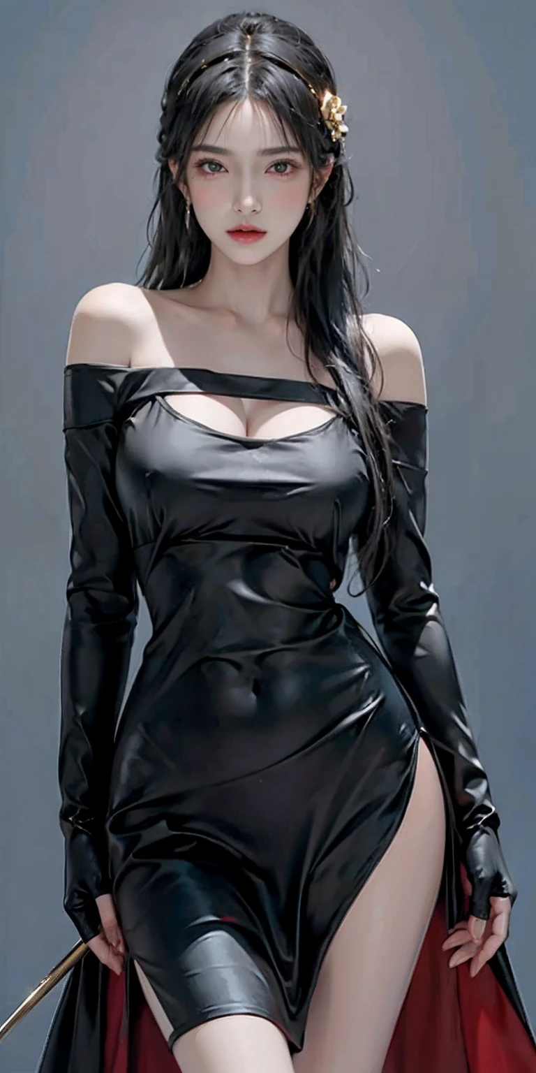 photorealistic, high resolution, soft light,1women, solo, hips up, (detailed face),tattoo, jewelry, bare shoulders, black background, black dress, black gloves, black hair, breasts, closed mouth, cowboy shot, dress, earrings, expressionless, fingerless gloves, floating hair, gloves, gold earrings, gold hairband, hair flower, hair ornament, hairband, jewelry, large breasts, light particles, long hair, looking at viewer, off-shoulder dress, off shoulder, petals, red eyes, short hair with long locks, sidelocks, solo, spikes, thighs, two-sided dress, two-sided fabric
