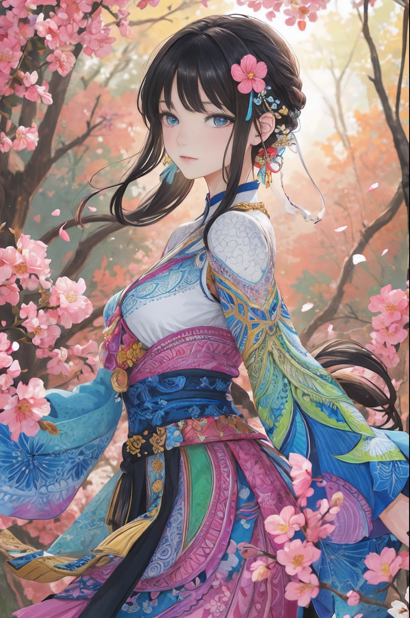 (1girll, Solo, From the side Side), The is very detailed, (abstract backgrounds, zentangle, s fractal art:1.3), (many color, Colorful:1.1), (feater, petals, blossoms:1.3), dynamicposes, 耳Nipple Ring，portrait of a princess, , in the art style of bowater, Baroque fluffy skirt，Fantasy art style, beautiful fantasy maiden，Exquisite and perfect facial features，美丽细致的眼睛，long eyelasher，Delicate eyeliner，Blue eyes，Dark pupils，，There are bright spots in the eyes，almond eyes，Beautiful lip details，8K high-definition，anatomy correct，Oil painting thick painting style，Messy black hair，cottage in the forest，Colorful birds