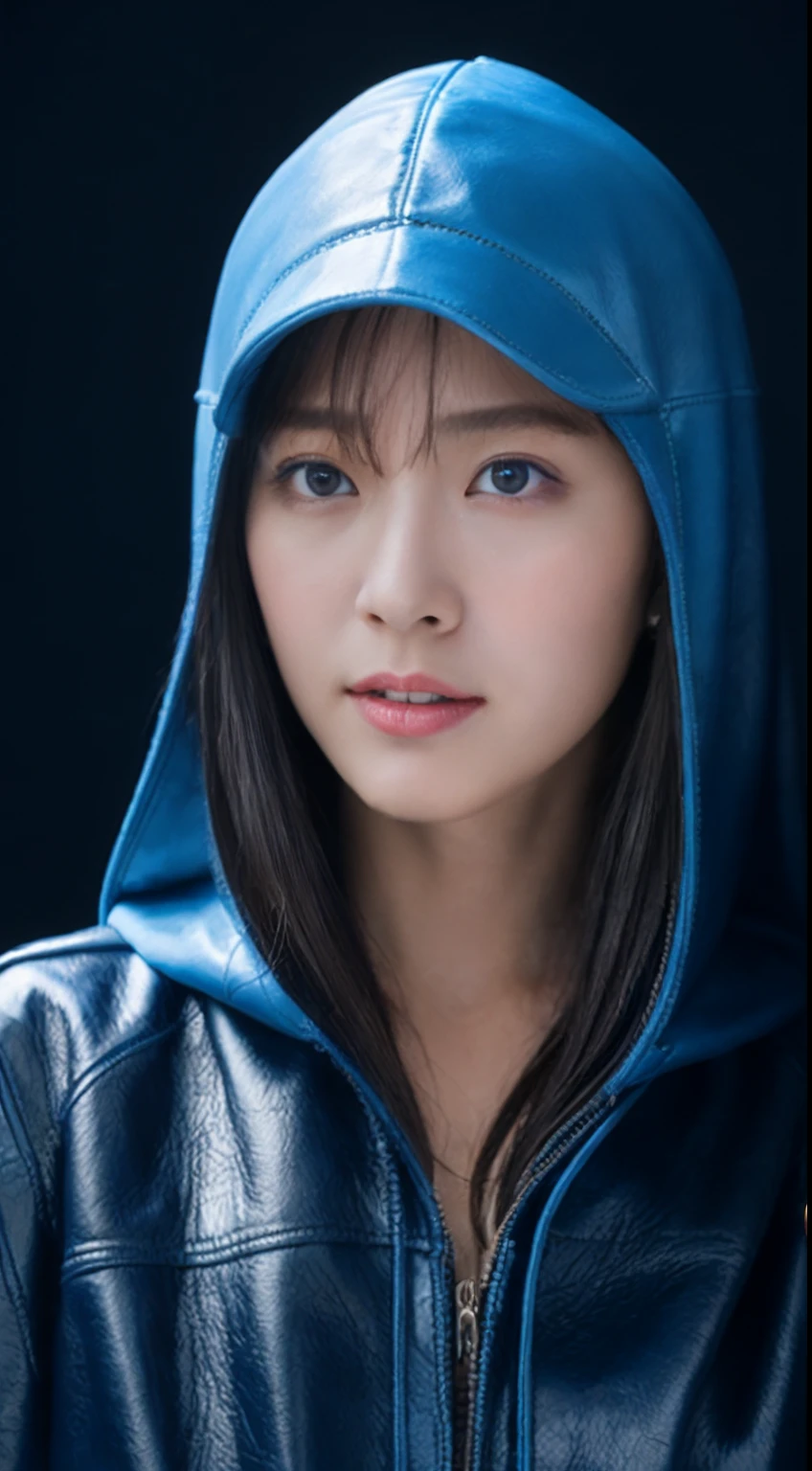 top-quality、​masterpiece、The ultra-detailliert、Photo Real、hyper realstic、Smooth lighting、brightened light、enhanced quality、Top quality real texture skins､(Wear a leather blue colored hood on your head)