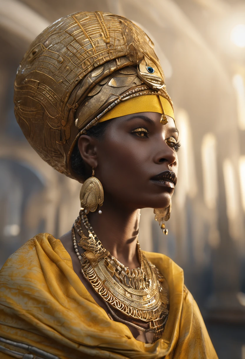 "pintura realista de uma rainha do Egito antigo, cabelos pretos, olhos amarelos, pele parda, marcas faciais, white garments with gold adornments and gold accessories"