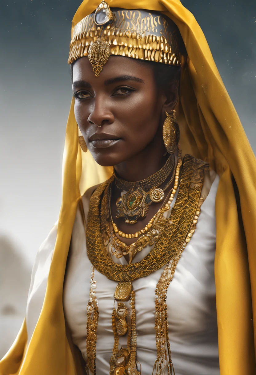 "pintura realista de uma rainha do Egito antigo, cabelos pretos, olhos amarelos, pele parda, marcas faciais, white garments with gold adornments and gold accessories"