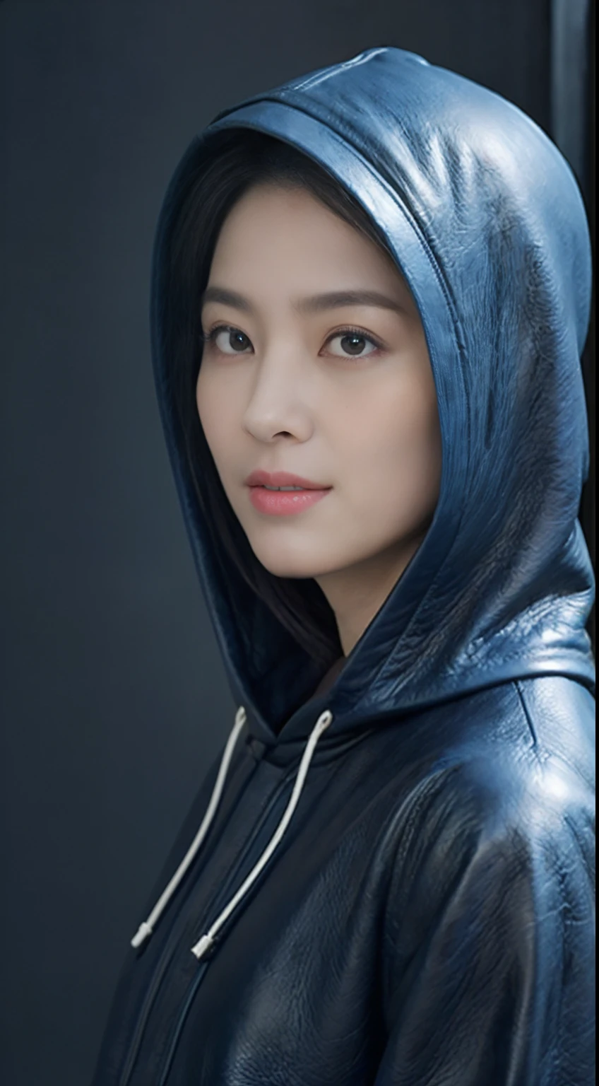 top-quality、masterpiece、The ultra-detailliert、Photo Real、hyper realstic、Smooth lighting、brightened light、enhanced quality、Top quality real texture skins、(Wear a leather blue colored hood on your head)