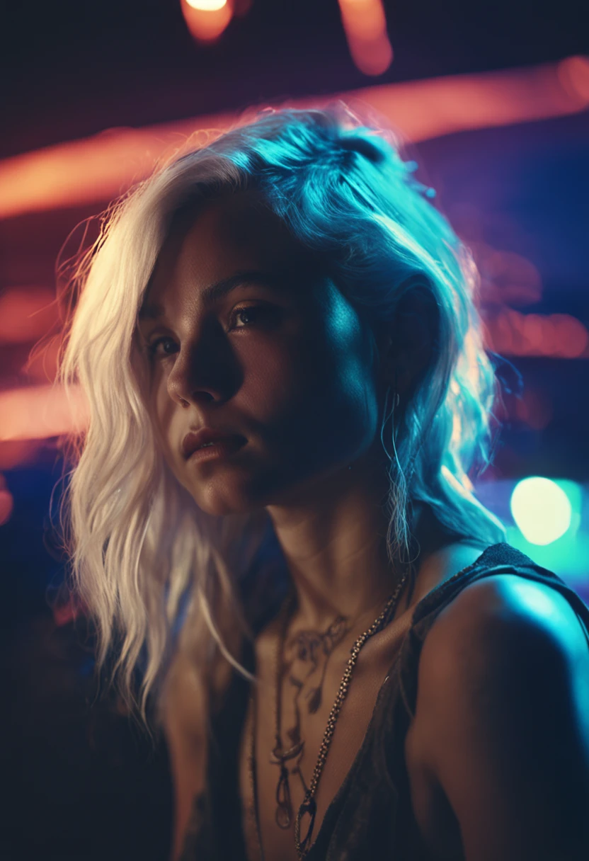 (Analog portrait by Rutkowski), dreamy otherworldly skinny curvy woman, 18 years old, (silhouette prismatic lighting, high quality, film grain), long silver hair, croptop, scifi, Vista of Mars, glowing tattoos
