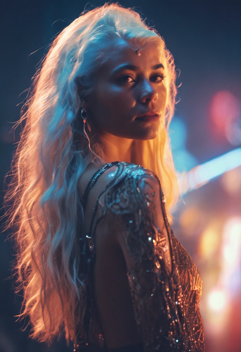(Analog portrait by Rutkowski), dreamy otherworldly skinny curvy woman, 18 years old, (silhouette prismatic lighting, high quality, film grain), long silver hair, croptop, scifi, Vista of Mars, glowing tattoos