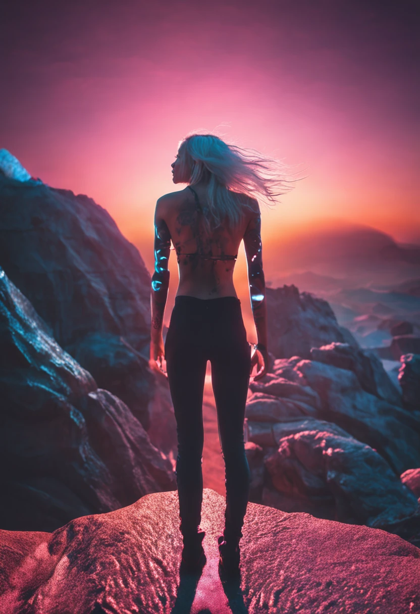 (Analog portrait by Rutkowski), dreamy otherworldly skinny curvy woman, 18 years old, (silhouette prismatic lighting, high quality, film grain), long silver hair, croptop, scifi, Vista of Mars, glowing tattoos