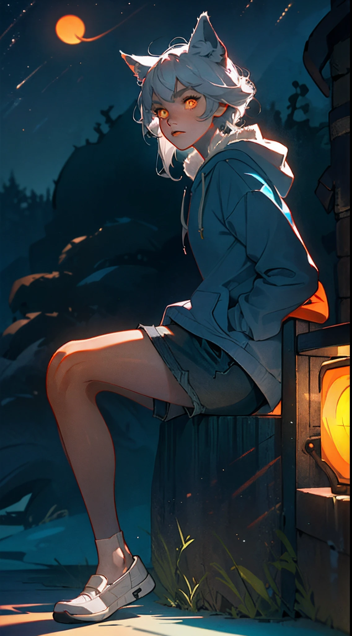 Furry,Cute,Lovely,Navy blue fur,White ears,Orange eyes,Hoodie,Gray shorts,Cold lamps,Night,Fantastic shadow light