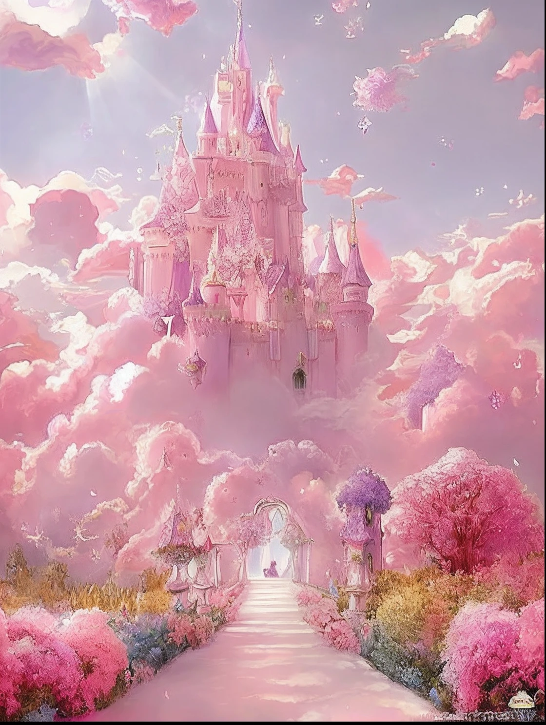 Close-up of the castle with violet clouds in the sky, Paradise Violet, in the white clouds fairyland, very magical and dreamy, flying cloud castle, Fluffy violet anime clouds, in white clouds fairyland, palace floating in heaven, Cloud Palace, fantasy aesthetic!, pink landscape, blossoming path to heaven, Violet clouds, (in pink), The sky is violet