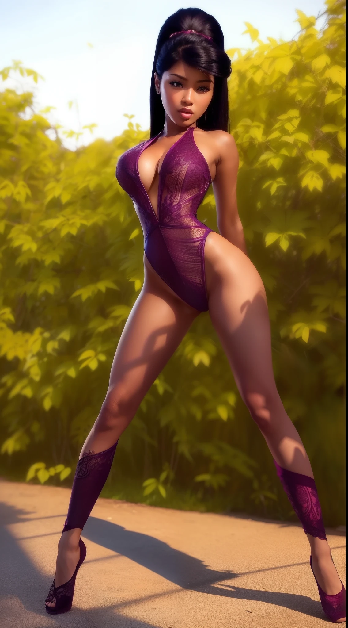 Sexy woman spreading legs, , , no underwear, full body view, high quality, intricate details, big breasts, Vidia , vivid colors, intricate details, 8K, provocative pose, long legs