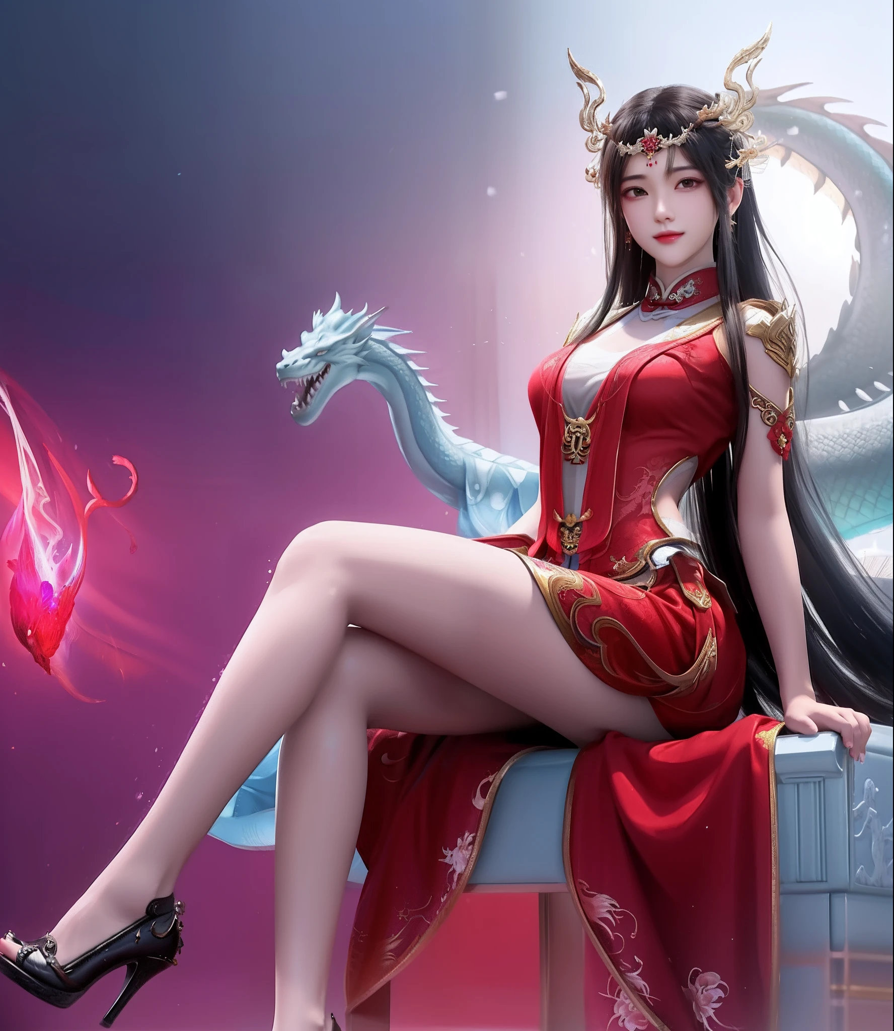 anime girl in red dress sitting on a crescent with other angels, trending on cgstation, ruan jia and artgerm, artgerm and ruan jia, beautiful alluring anime woman, a beautiful fantasy empress, queen of the sea mu yanling, anime goddess, extremely detailed artgerm, artgerm lau, seductive anime girl
