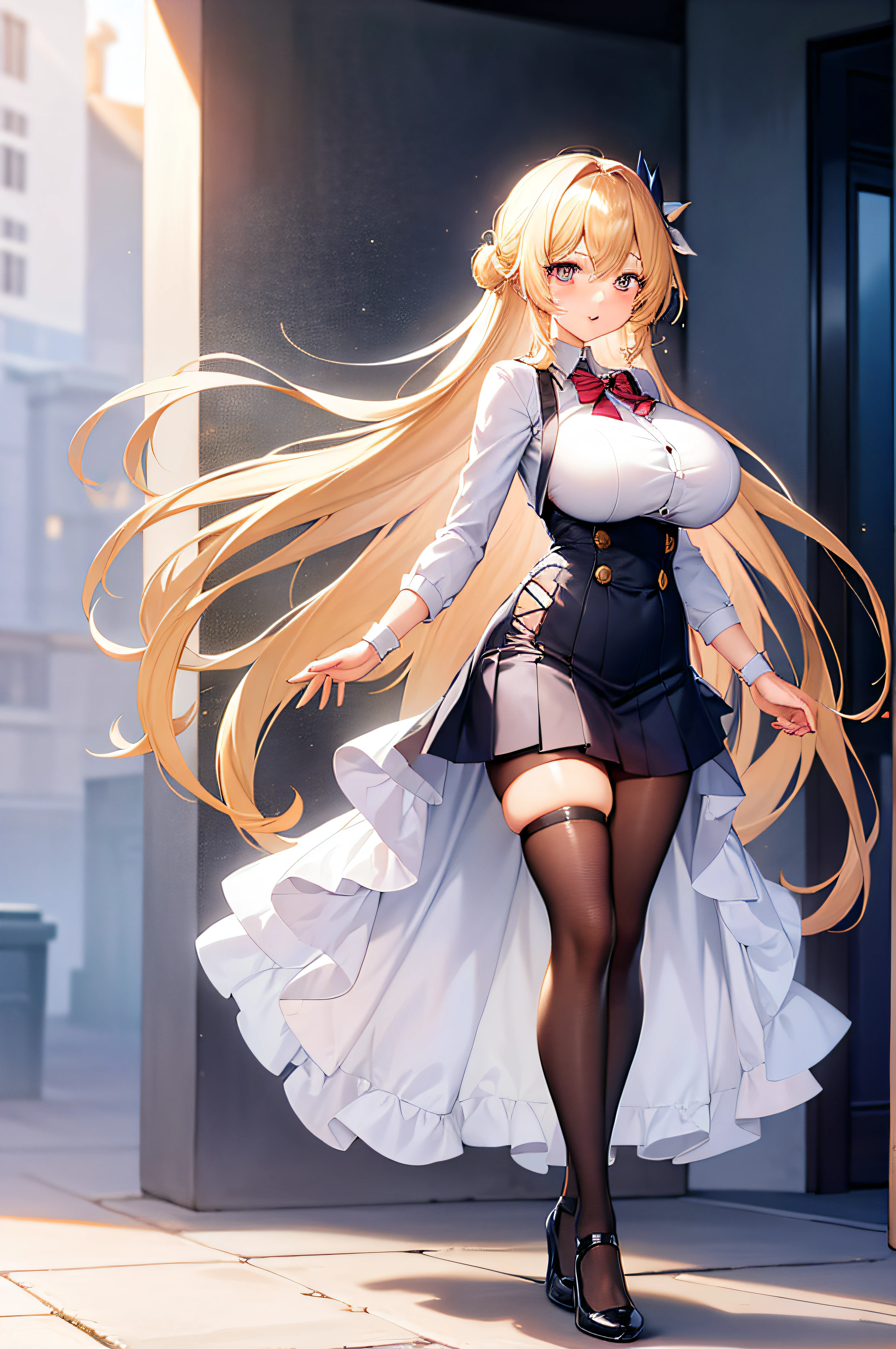 ojousama, Mature female, Blonde hair, Light blush, Visible through hair, excited, Sparkling eyes, Large breasts, school uniform, upper legs,Anime - Woman in white,arms out,reaching out her hands, White-haired god, anime woman fullbody art, beautiful full-body concept art, azur lane style, Anime goddess, Biomechanical OPPAI, Full-body art, full body concept, full body concept art