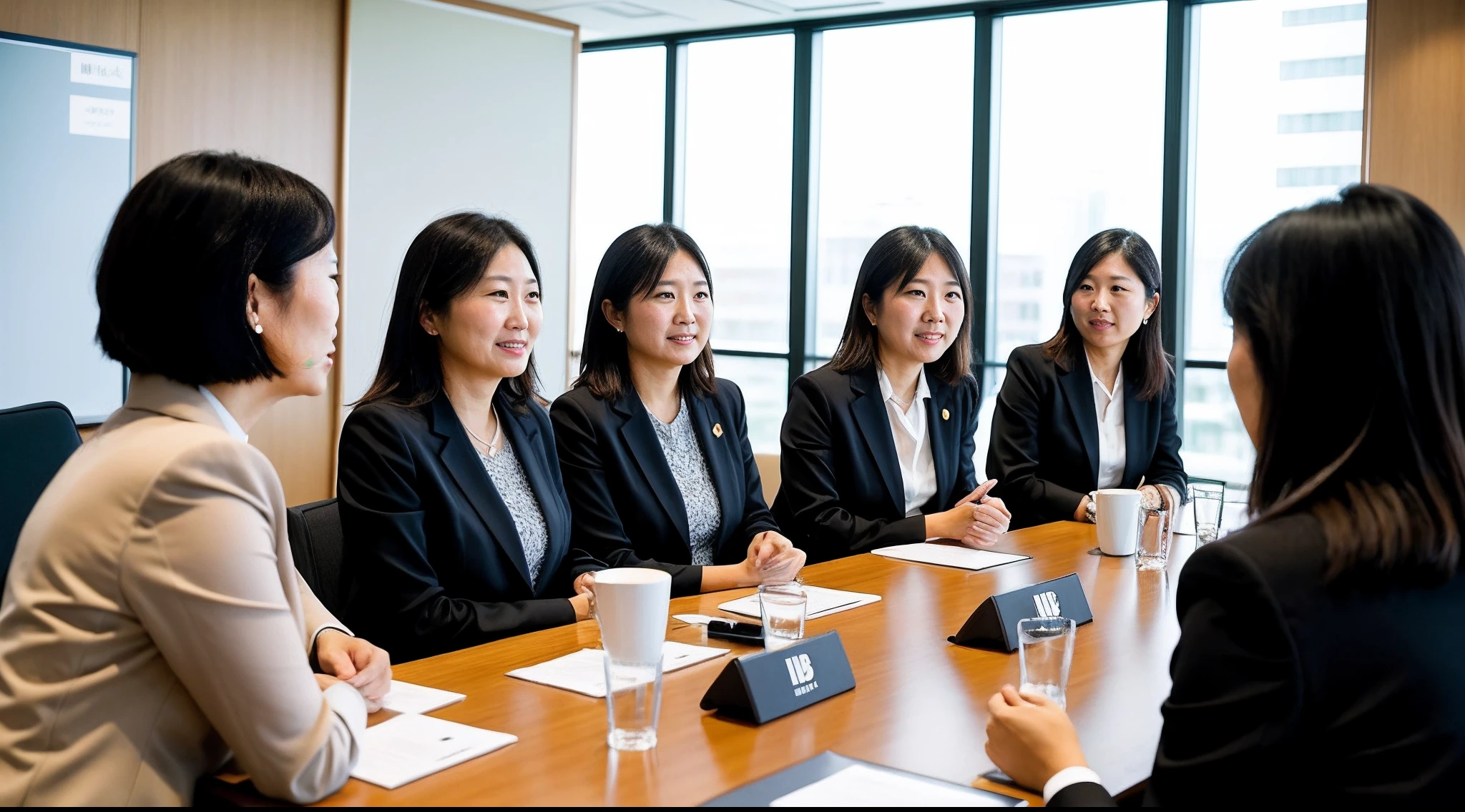 instagram photo, A candid shot capturing the energy of a Japanese businesswoman confidently presenting in a corporate setting, charismatic, persuasive, Sony A9 II with 24-70mm f/2.8 lens, dynamic lighting, event photography.