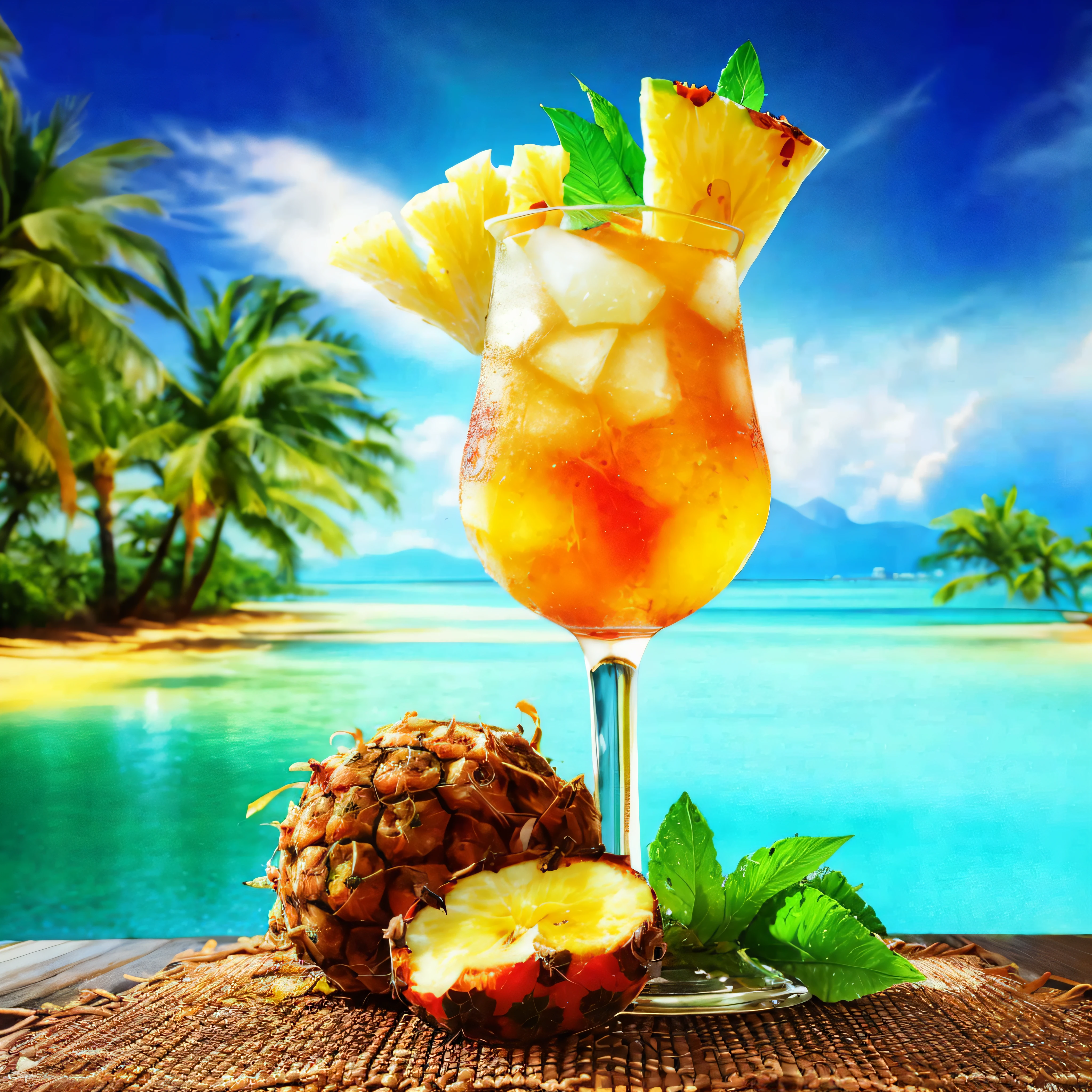 On the table is a glass of pineapple and well-chilled fruit juice, tropical paradise, paradise in the background, tropical vibe, amazing view, tropical background, HD wallpaper, Wallpaper HD of, summer time, amazing background, amazing wallpapers, tropical beach paradise, amazing view, cool drink, tropical island, Wonderful wonderful composition, drinking cocktail, Tropical style, grand background