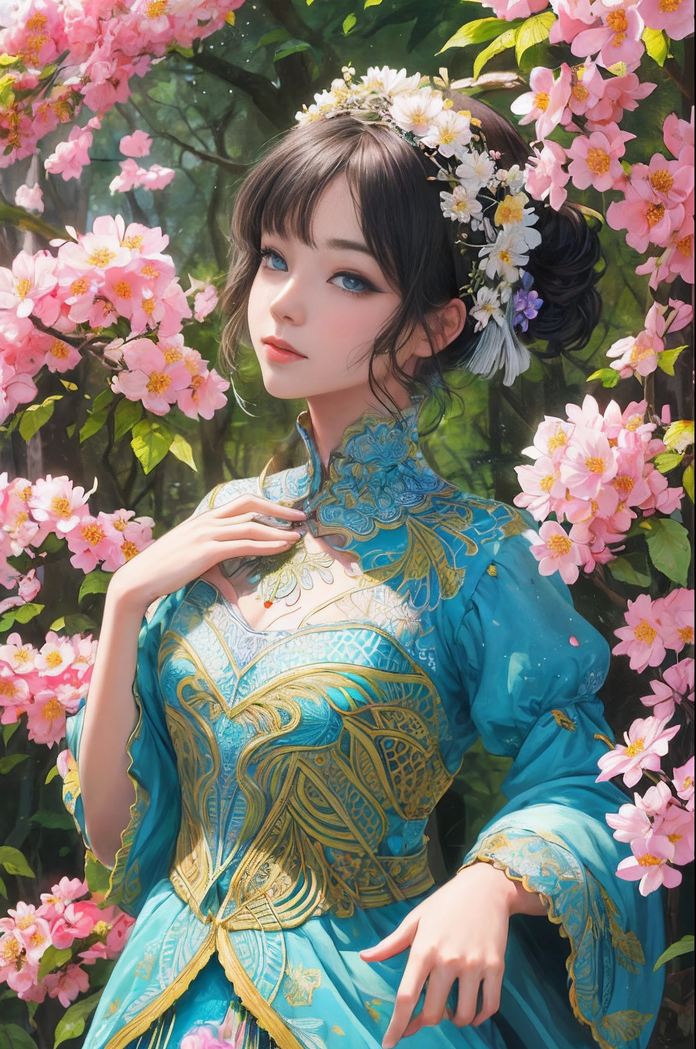 (1girll, Solo, ), The is very detailed, (abstract backgrounds, zentangle, s fractal art:1.3), (many color, Colorful:1.1), (feater, petals, blossoms:1.3), dynamicposes, 耳Nipple Ring,portrait of a princess, , in the art style of bowater, Baroque fluffy skirt,Fantasy art style, beautiful fantasy maiden,Exquisite and perfect facial features,美丽细致的眼睛,long eyelasher,Delicate eyeliner,Blue eyes,Dark pupils,,There are bright spots in the eyes,almond eyes,Beautiful lip details,8K high-definition,anatomy correct,Oil painting thick painting style,Messy black hair,cottage in the forest,Colorful birds