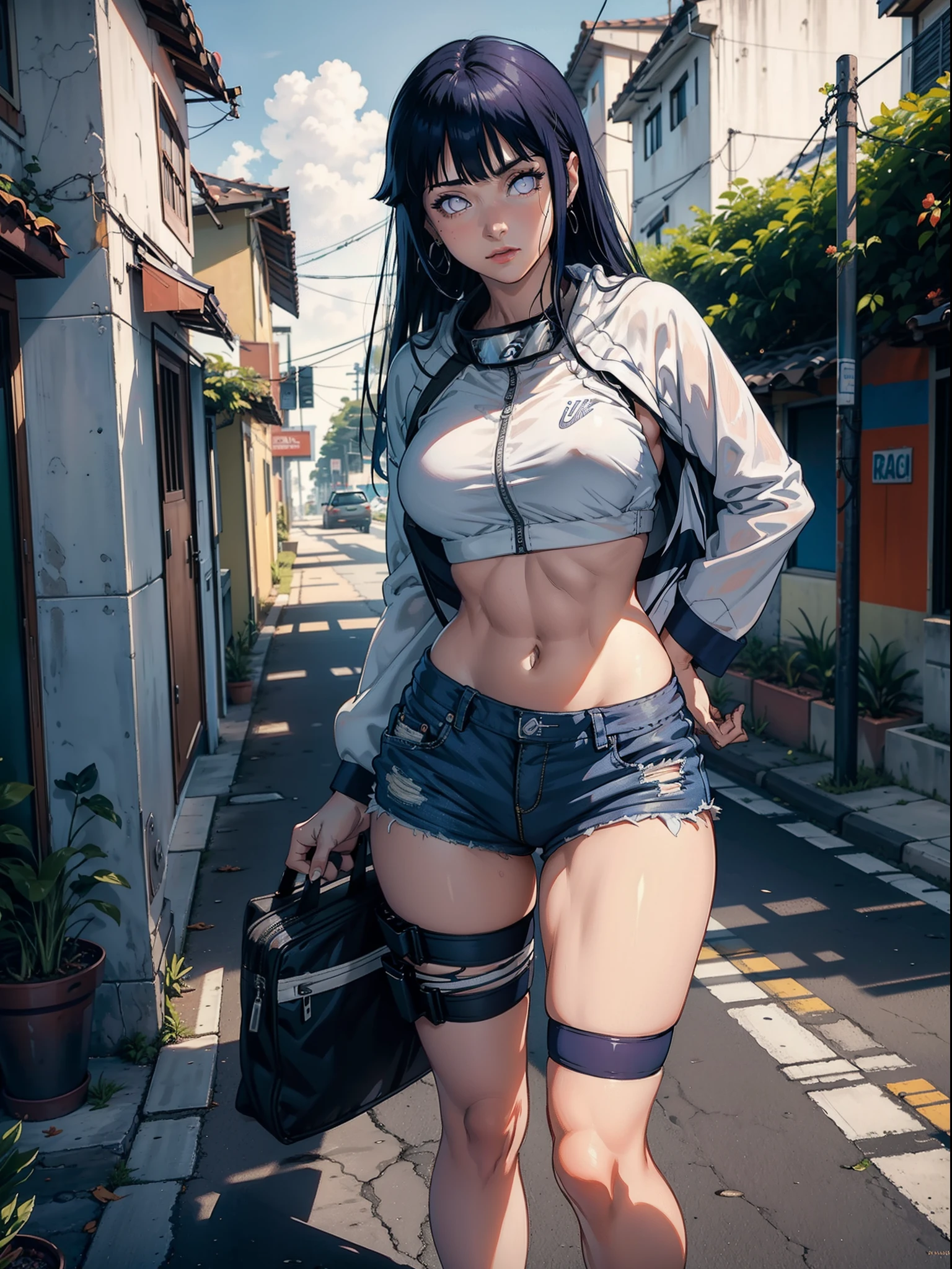 Hinata Hyuga usando roupas curtas, Bunda Grande, pernas grossas, Funkeira, Brasileira, extremamente sexy, rebolando, dancing funk, short curto, mostrando metade da bunda, bunda Grande, pernas grossas, cabelos longos, Nike Air Jordan sneakers, idade entre 18 a 20 anos, som ligado, alto falantes, in the city of Balneário Camboriú in Brazil, realista, 8K, extremamente detalhado, Smartphone da Xiaomi in the hands