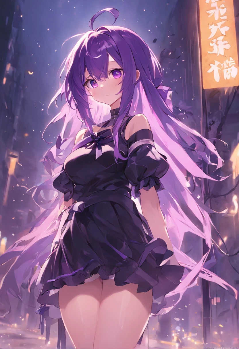Purple hair、Purple hair、Tsundere、thighs thighs thighs thighs、Anime girl in black ribbon in black dress standing on night street,She has long purple hair, style of anime4 K, Anime moe art style, nightcore, Anime style. 8K, Wear a beautiful dress, Anime art wallpaper 4k, Anime art wallpaper 4k, Best anime 4k konachan wallpaper, 4K anime wallpaper, Anime art wallpaper 8k