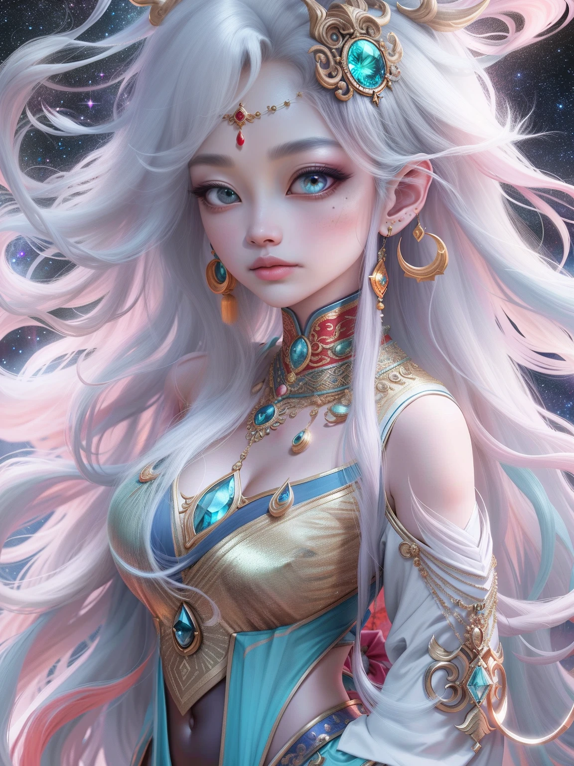 Kizi, long whitr hair, Thangka legend, full body pov, whaite hair, hime-cut, crescent hair ornament, forehead jewel, bead necklace, Moles under eyes, aqua eyes, Crescent earrings, puckered lips, neo-classical, Cinematic lighting, Sparkle, Motion blur, 360 view, Satellite image, in a panoramic view, move chart, Masterpiece, hyper HD, Textured skin, High details, Award-Awarded, A high resolution, Best quality, 8K