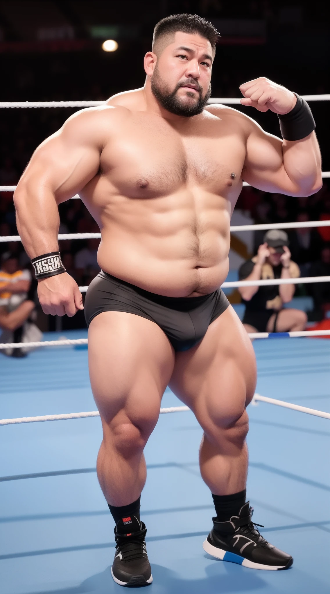 solo person,male people,Muscle wrestler,musculous,Stout wrestler,jpn,uncle,45-year-old middle-aged man,Short hair,short detailed hair,Wrestling boots,athletic sneakers,Full body like,Panorama Figures,WWE rings,WWE American professional wrestling,spotlight lights,shadowing,visions,Orange panties,Gold briefs,fatness,aged 40,Short beard,Middle aged,Tattooed with,Fingerless gloves,Wheat-colored skin,Oily skin,dark-skin,Show off your pectorals,Sumo wrestler,body builder,Short beard,Wide sideburns,