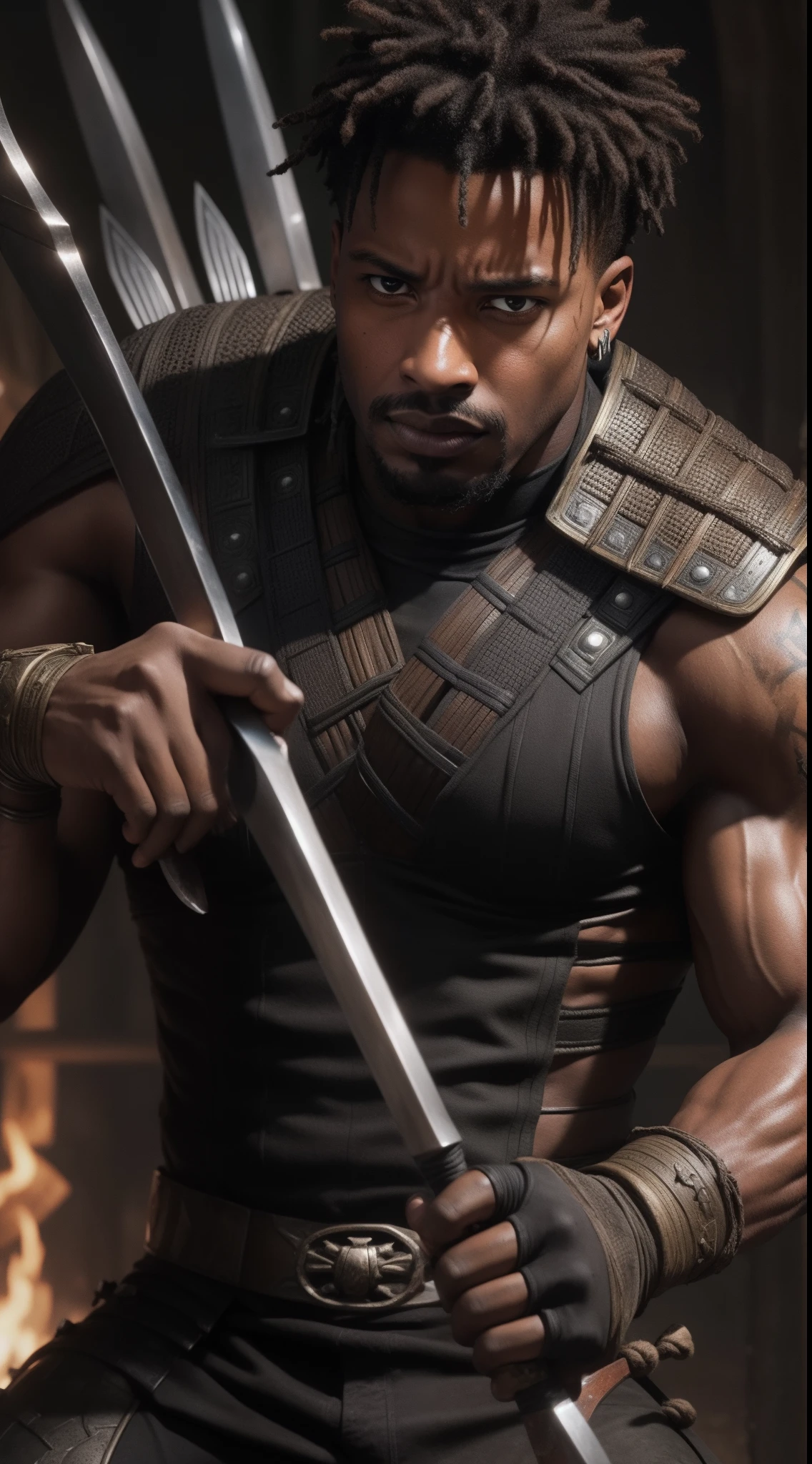 A close-up of Killmonger's hands, gripping a spear, ready to strike down his enemies.