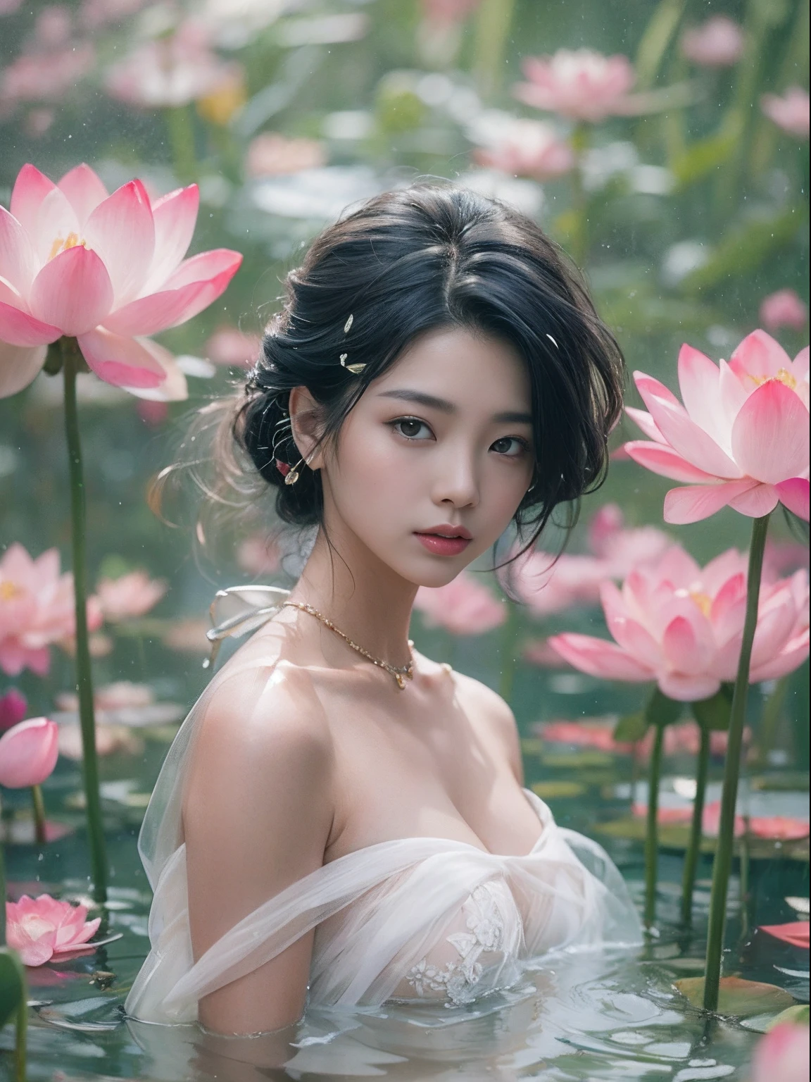 32 k（tmasterpiece，k hd，Hyper HD，32 k）The beauty of the classic soup，Long drooping black hair，Standing in the pond，Exposed to white tulle nets，crisp breasts ， （Abstract gouache splash：1.2）， Pink petal background，Pink and white lotus flowers fly（realisticlying：1.4），black color hair，Fallen leaves flutter，The background is pure， high resolucion;， the detail， Raw-Photo