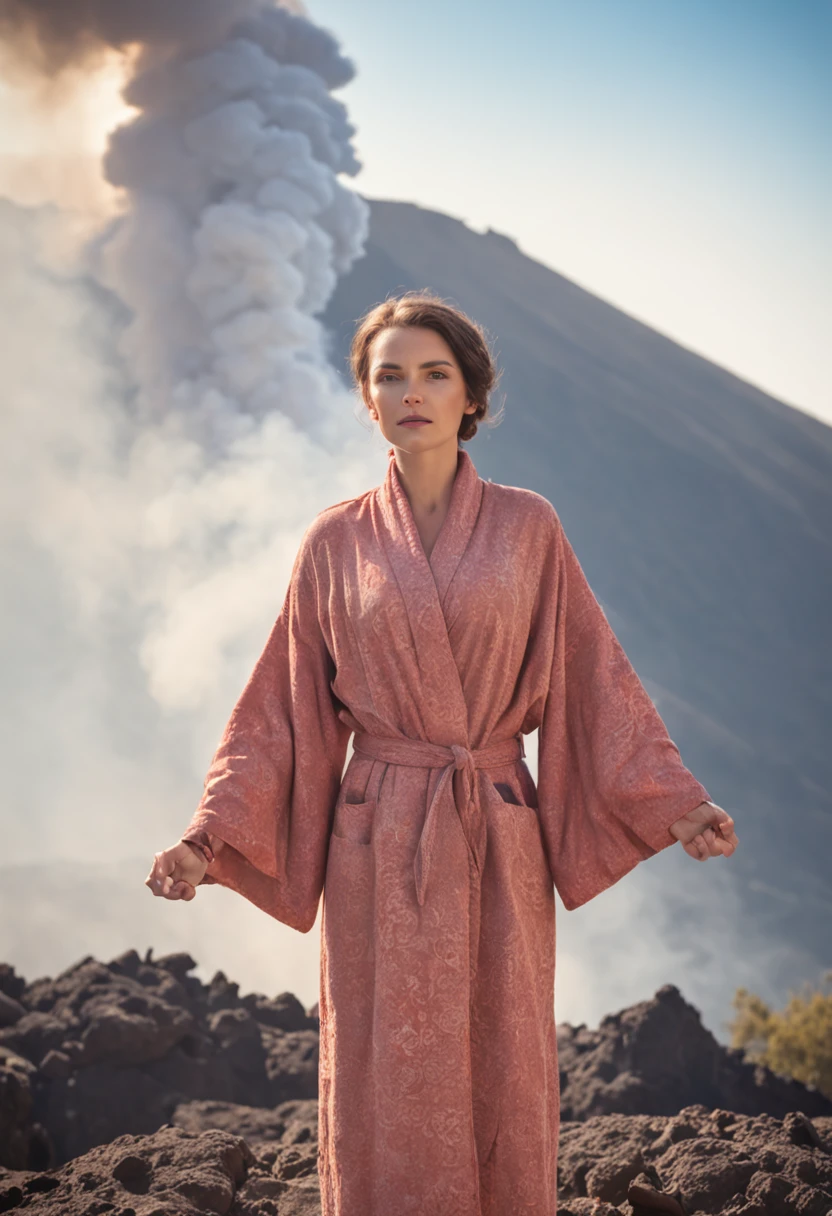 marc rebillet, bathrobe, on top of erupting vulcano, smoke, hdr, colorful, bright lighting, sunny day, sunshine, best light,