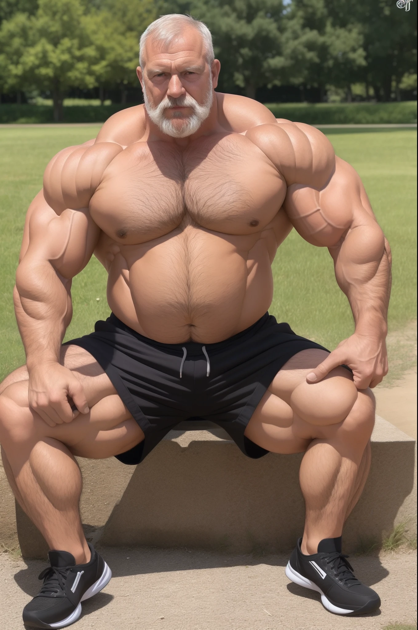 (huge muscular old man), (massive muscle) there is a man that is sitting in the park (wearing shorts), he is about 6 0 years old, he is about 60 years old, he is about 7 0 years old, he is about 5 0 years old, he is about 50 years old, he is about 8 0 years old, 70 years old, 7 0 years old, huge muscular old man, bearded, anime face