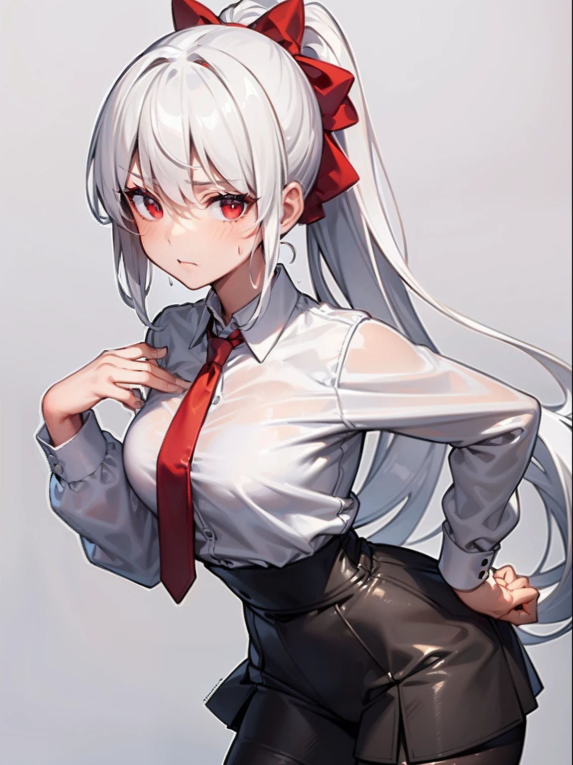 ((Masterpiece)), (((Best quality))), ((Ultra-detailed)), ((illustration)),1girll,Solo,White hair,High ponytail,White shirt,red necktie,Black skirt,standing,Red eyes,Rained,Sweat,upperbody closeup,stare,Bow knot,Hand crossed waist，Black trousers leggings，slenderness，Detailed depiction of the face，Look from the bottom up，