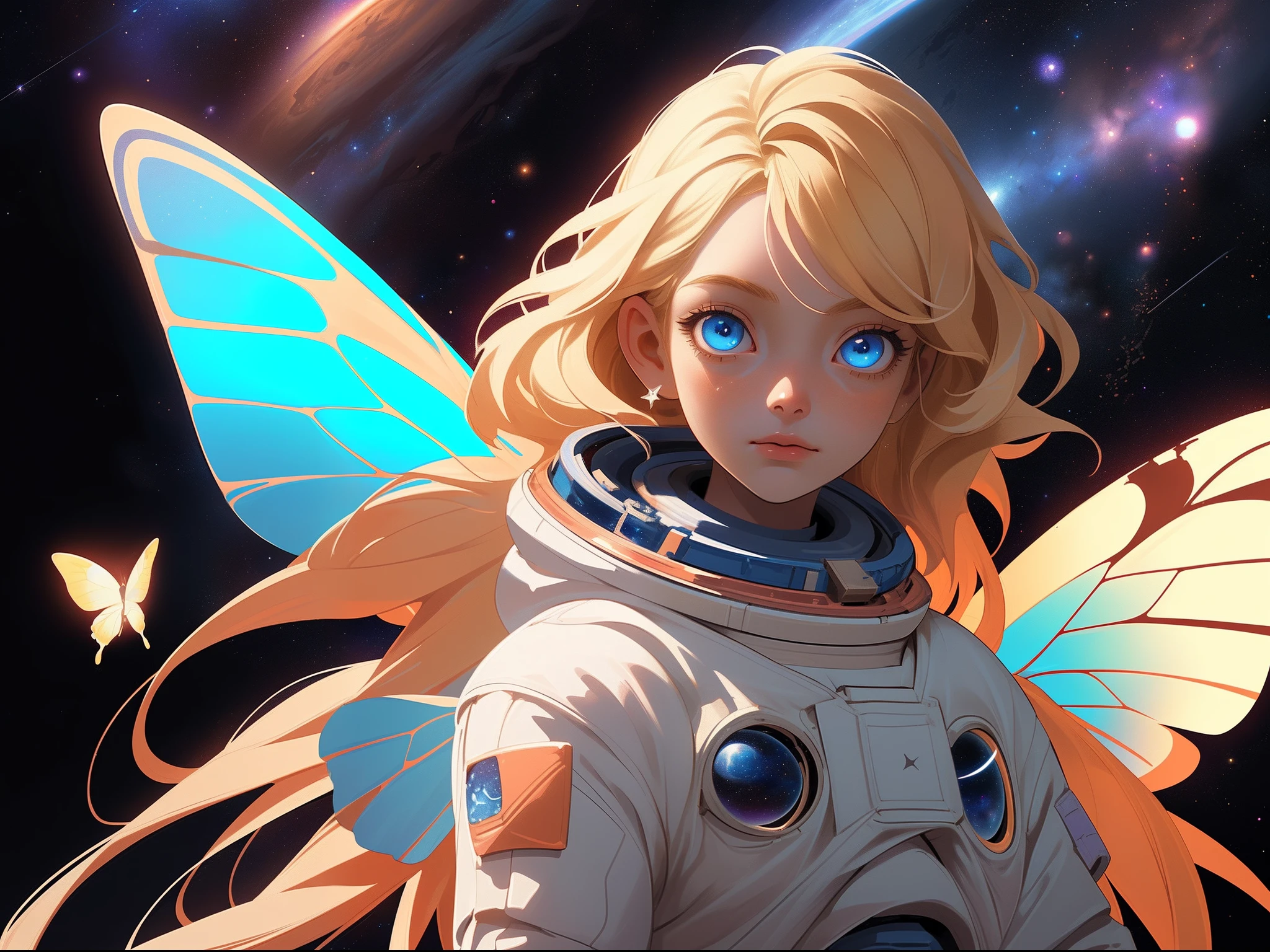 there is an illustration of a fairy astronaut standing on Mars looking into space seeing the vast of stars and space, head shot, blond hair, long hair, blue eyes, ultra detailed face, butterfly wings, space and stars as background, sense of infinity