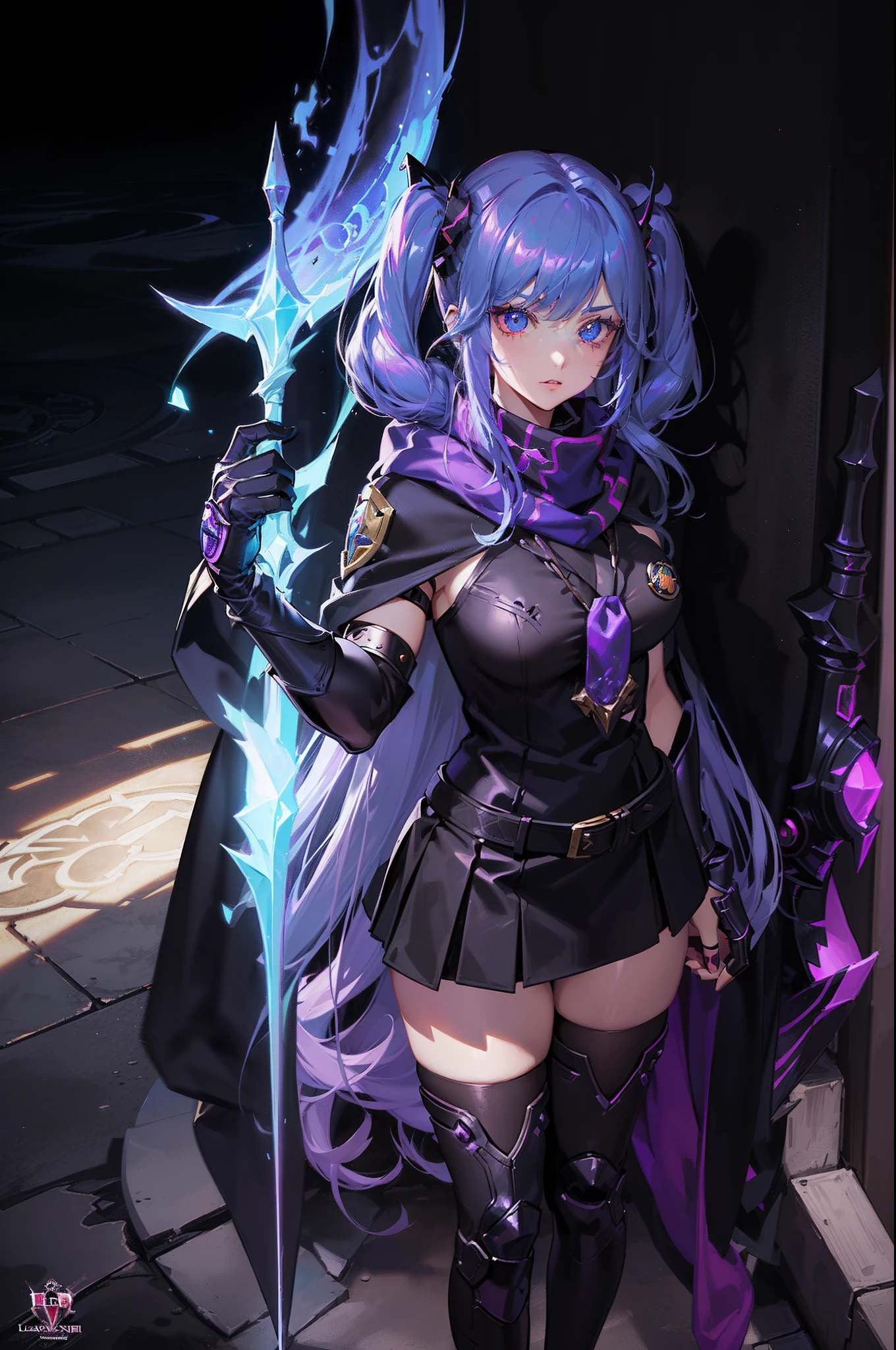 (initial sketch: magic energy around, (building the correct anatomy), 1 girl, pink eyes, (blue hair), medium hair, (1 braid), staff in her hand, casts a spell, staff glows, big chest, (neon purple mana flows around the staff), night, (unrestricted:1.6), ((Masterpiece)), (best quality), (beautiful background), (detailed illustration), HDR, (cinematic light) , ((color)), ((rtx)), high quality color, correct anatomy, (the most perfect composition ever made), (absolute final detail), thick legs, thick thigh, (extra detail removal), ( removal of extra detail artifacts)