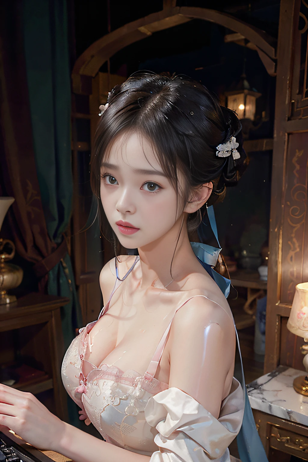 8k, RAW Photo, Best Quality, Masterpiece: 1.2), (Realistic, Photo Realistic: 1.4), {{{1girl}}},, Depth of Field, Full Body, Cinematic Lighting, princess 8 yeald old cute, (huge boobs，cleavage), Beautiful Facial Features, Beautiful Body, Sweating, , Depth of Field, Skin, Ears, Pale Skin, Best Quality, Masterpiece, Illustration, an extremely deciple and beautiful, extremely detailed,CG,unity,8k wallpaper,amazing,finely detail,master,best quality,official art,extremely detailed CG unity 8k wallpaper,ridiculous,incredibly ridiculous,huge file size, super verbose, high resolution, very verbose, Beautiful detailed girl, very detailed eyes and face, beautiful detailed eyes, light on face, (Hanfu: 1.1), lace silk thin, petticoat,  white pink, blue