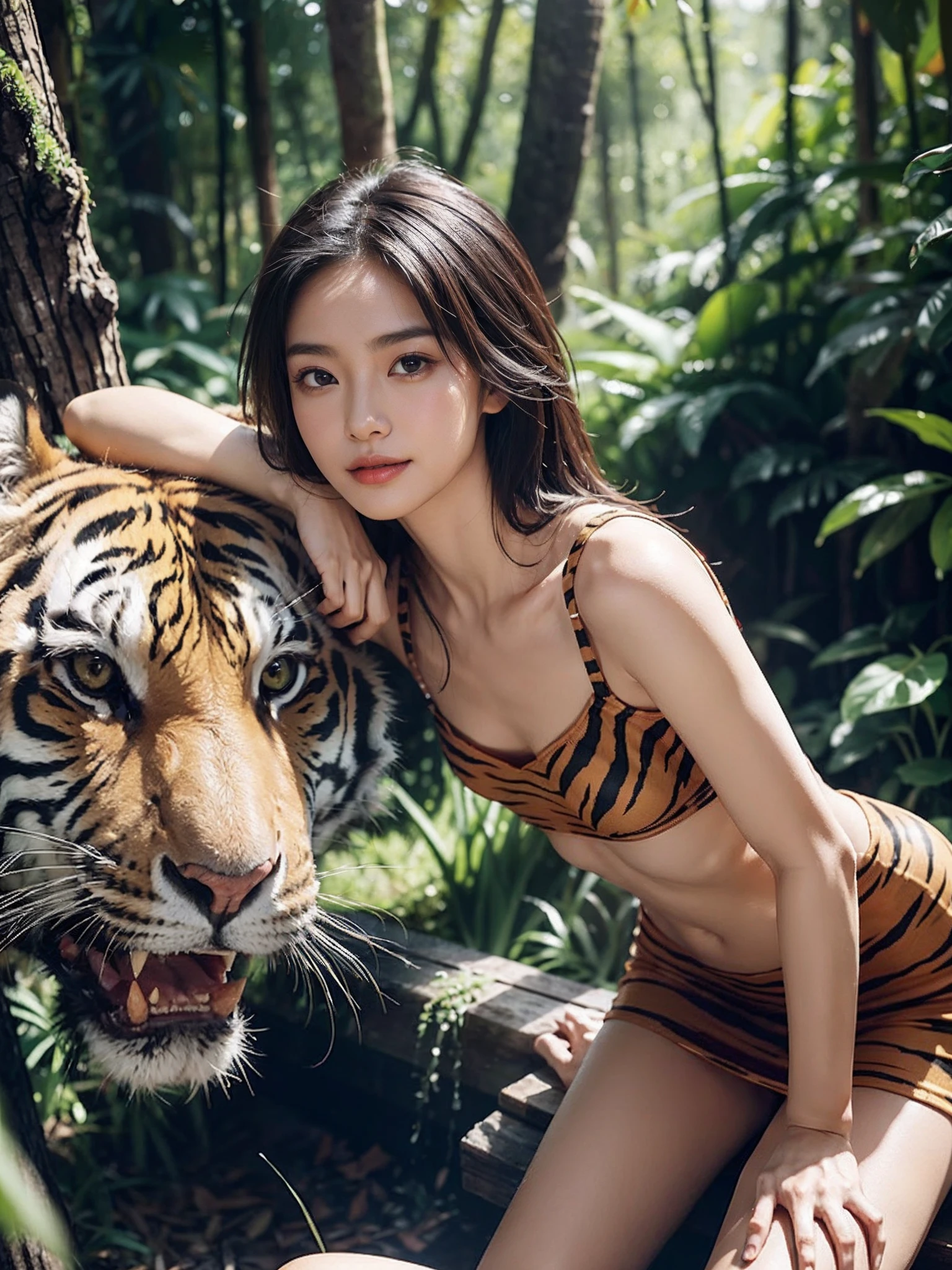 ((smallunderboob,Tomboyish,small heads)), (Well-defined abs: 1.1), (perfect bodies: 1.1), (short-length straighthair: 1.2), Black hair,attractive collarbone，（极其细致的CG 8k壁纸），（Extremely refined and beautiful），（tmasterpiece），（best qualtiy：1.0），（超高分辨率：1.0），upper body photos，[A high resolution]，A beautyful girl，cheerfulness，ssmile，Smooth and flawless fair skin，ultra - detailed ，Elongated legs，flatchest，Slim，emaciated，Tiger print dress style long shirt，ln the forest，Ride a tiger，Realistic tiger in perfect detail，Close-up，