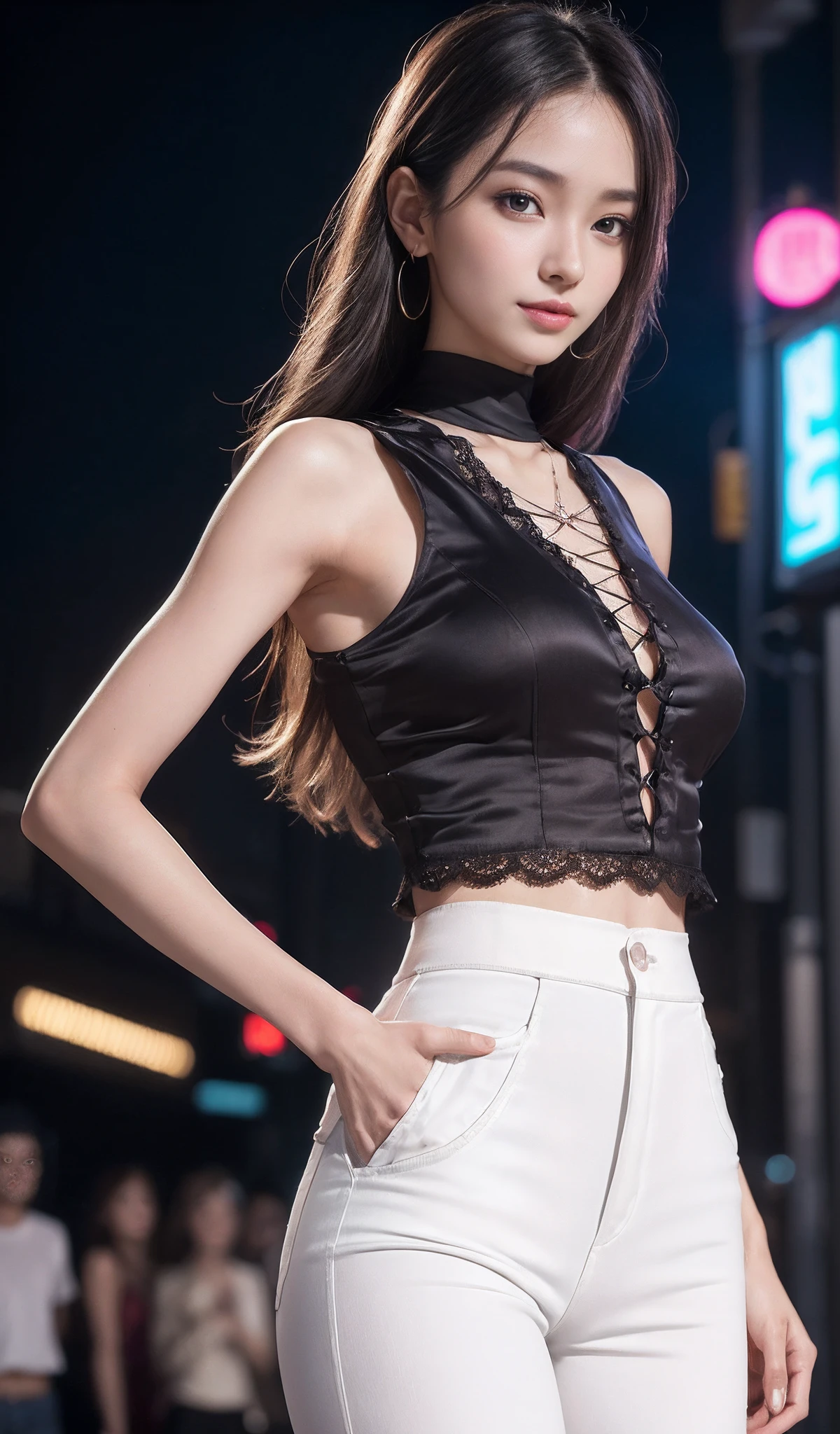 An innocent 20-year-old girl, (Crop tube top:1.6), (shorts:1.5), (high heels), (Dramatic Pose),smile, (High Ponytail),downtown、RAW Photos, (8k, highest quality, masterpiece:1.2), (Intricate details:1.4)、(Photorealistic:1.4), Octane Rendering, Complex 3D rendering with ultra-detail, Studio Soft Light, Rim Light, Vivid details, Super Detail, Realistic skin texture, Detailed aspect, Beautiful details in the eyes, Highly detailed CG Unity 16k wallpaper, compensate, (Detailed Background:1.2), Glowing Skin, whole body, (thin legs:1.2), (small waist), (Cleavage), (looking at viewer:1.2)