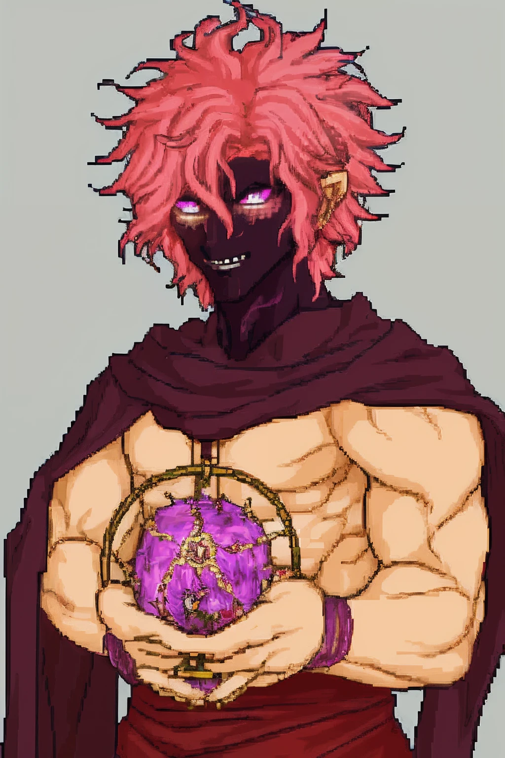 quarterbody, no frames, destatured sprite, vanilla fire emblem, A young boy with vibrant pink, curly hair and striking purple eyes. His appearance is both captivating and unsettling, as his disheveled appearance hints at his deranged nature. Dressed in dark, tattered robes, he exudes an aura of mysterious power, hinting at his proficiency in pyromanic magic. His twisted smile and intense gaze give a glimpse into the chaos that lies within him, making him a truly enigmatic character., , young shota